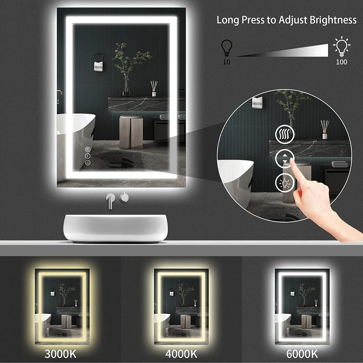 AMORHO Inch LED Bathroom Mirror - Anti-Fog, Shatterproof Tempered Glass, Large Modern Vanity Mirror for Bathroom & Dressing Room, Perfect for Homeowners\u002FHotel\u002FApartment (Front & Backlit)2025