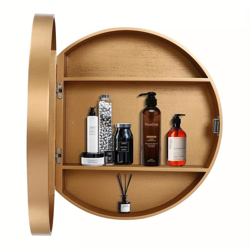 CNCEST Round Golden Bathroom Mirror Cabinet Wall-mounted Organizer Makeup Mirror Cabinet