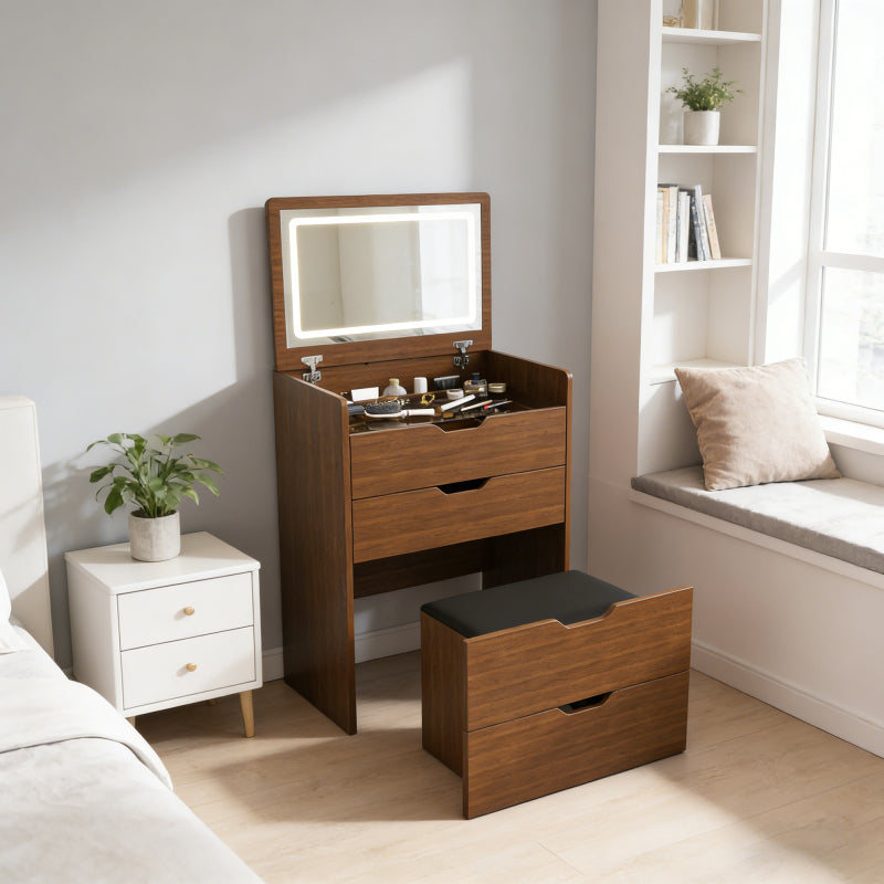 3-in-1 Vanity Desk with Lighted Mirror and Stool | Flip Top Makeup Dressing Table, Compact Storage for Bedroom, Bathroom, Dressing Room, 23.62\