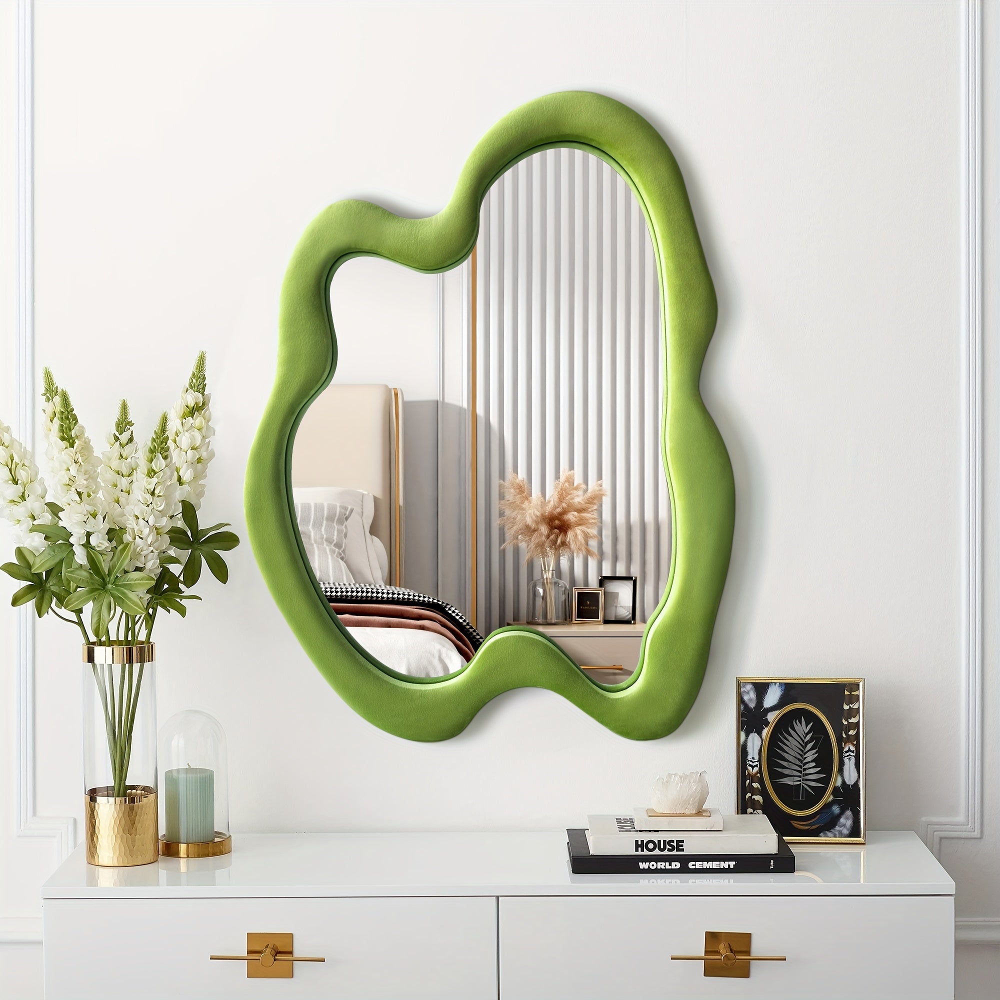 Rregular Wall Mirror Asymmetrical Mirror, Black Wavy Mirror With Flannel Frame, Decorative Wall Mirror For Bedroom, Livingroom, Entryway