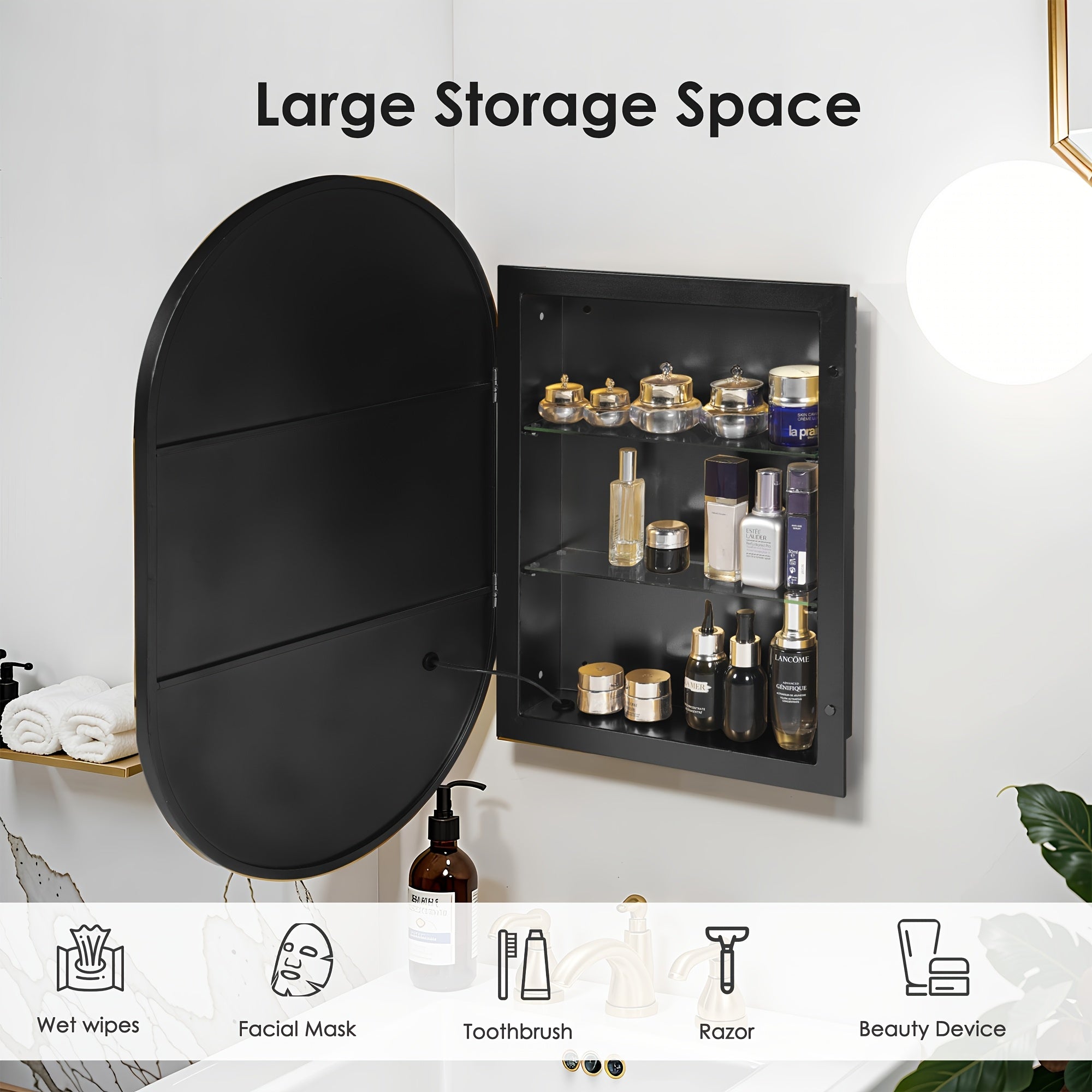 SOGES Modern Wall-Mounted Mirror Medicine Cabinet with Adjustable LED & Shelves - Oval Bathroom Storage Unit, Deep Metal Frame Suitable for Bathroom, Space-Saving Medicine Cabinet for, Doors\u002FHardware Color Options