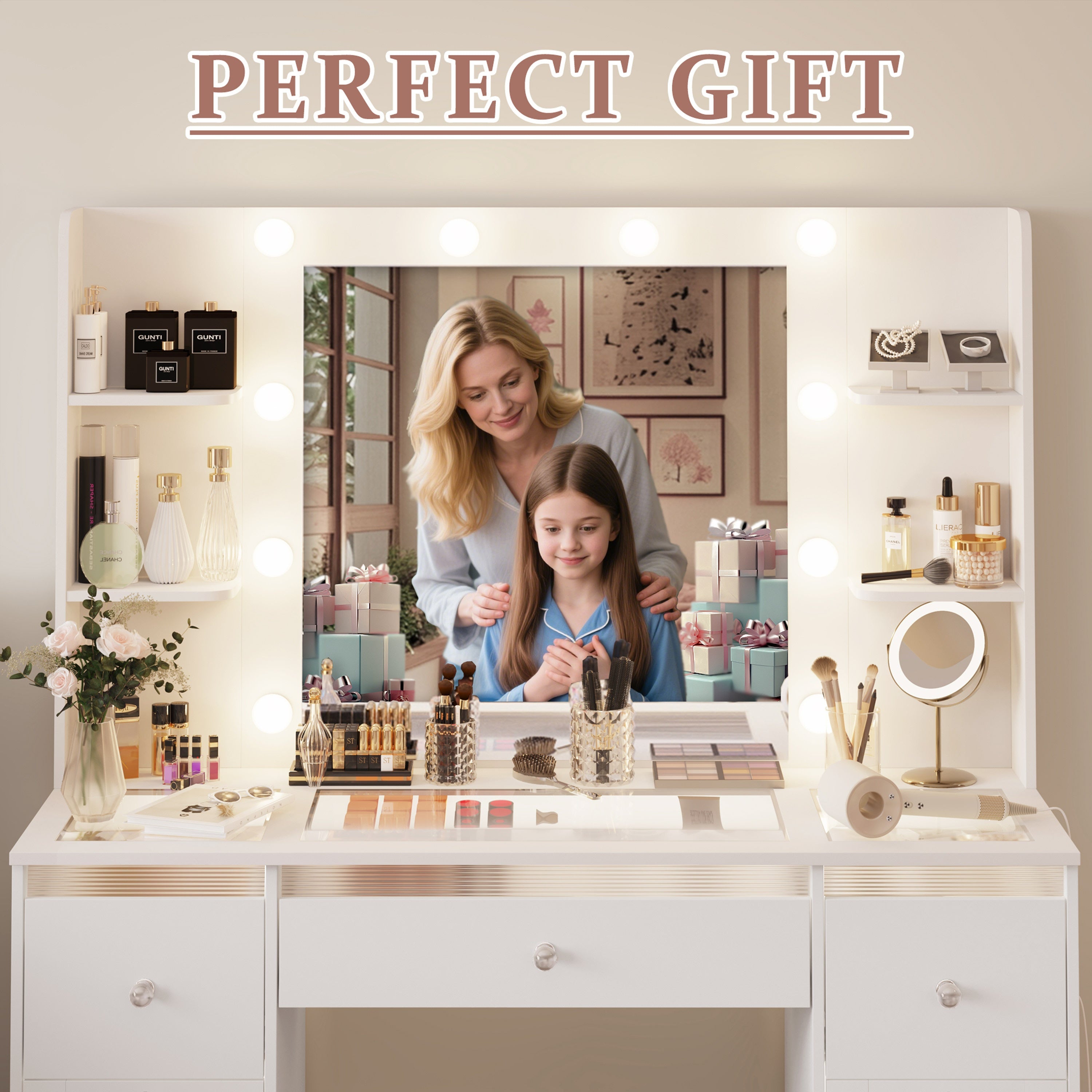 Makeup Vanity with 7 Lighted Drawers & 3-Color LED Mirror, Dressing Table with Glass Top, 4 Shelves for Huge Storage, Light White for Bedroom