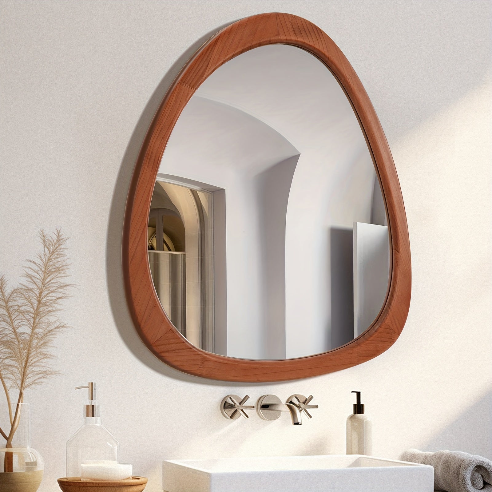 1pc 19*23in Fashionable Pebble Asymmetric Wood Mirror For Home Decor, Bathroom And Living Room, Wall-Mounted Vanity Mirror, Natural, Walnut And Black