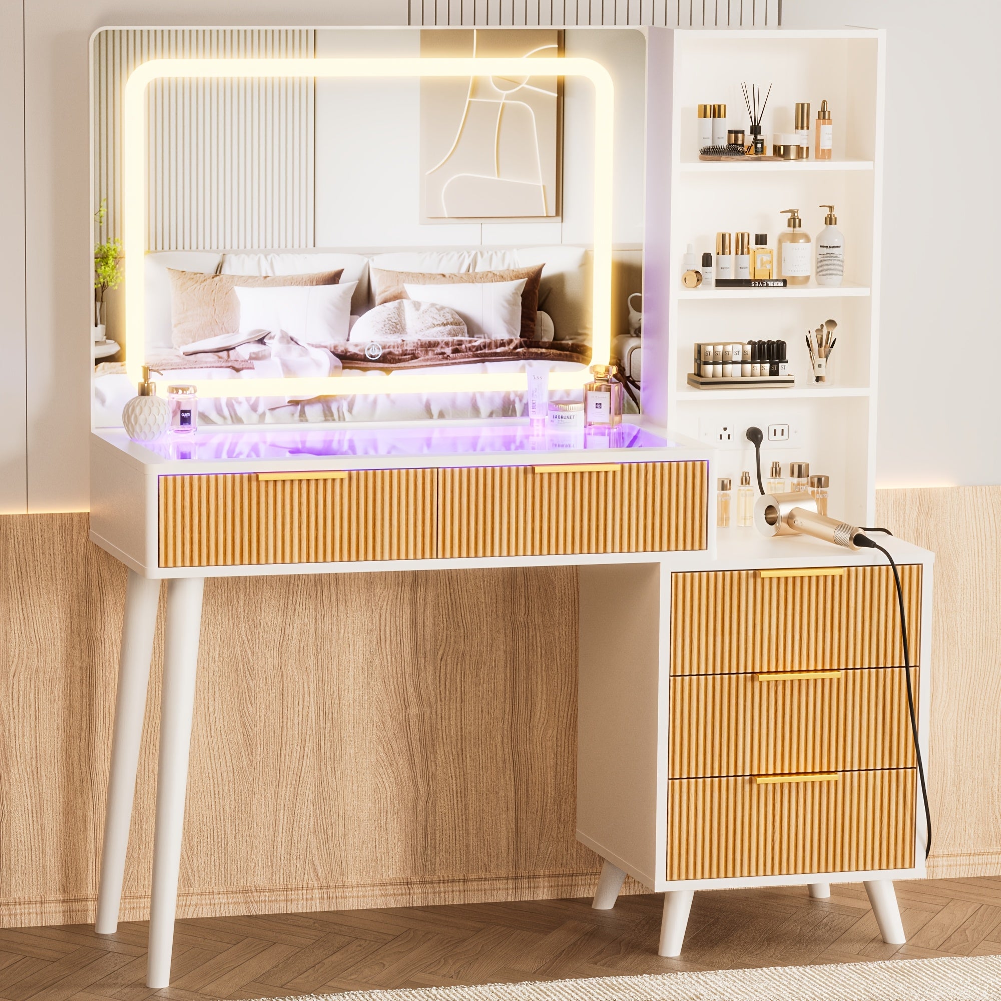 Dressing Table Featuring a Mirror And Lighting, 44-Inch Makeup Station with a Grooved Storage Drawer, Cabinet, Three LED Lighting Options, And a Power Outlet Suitable for a Bedroom