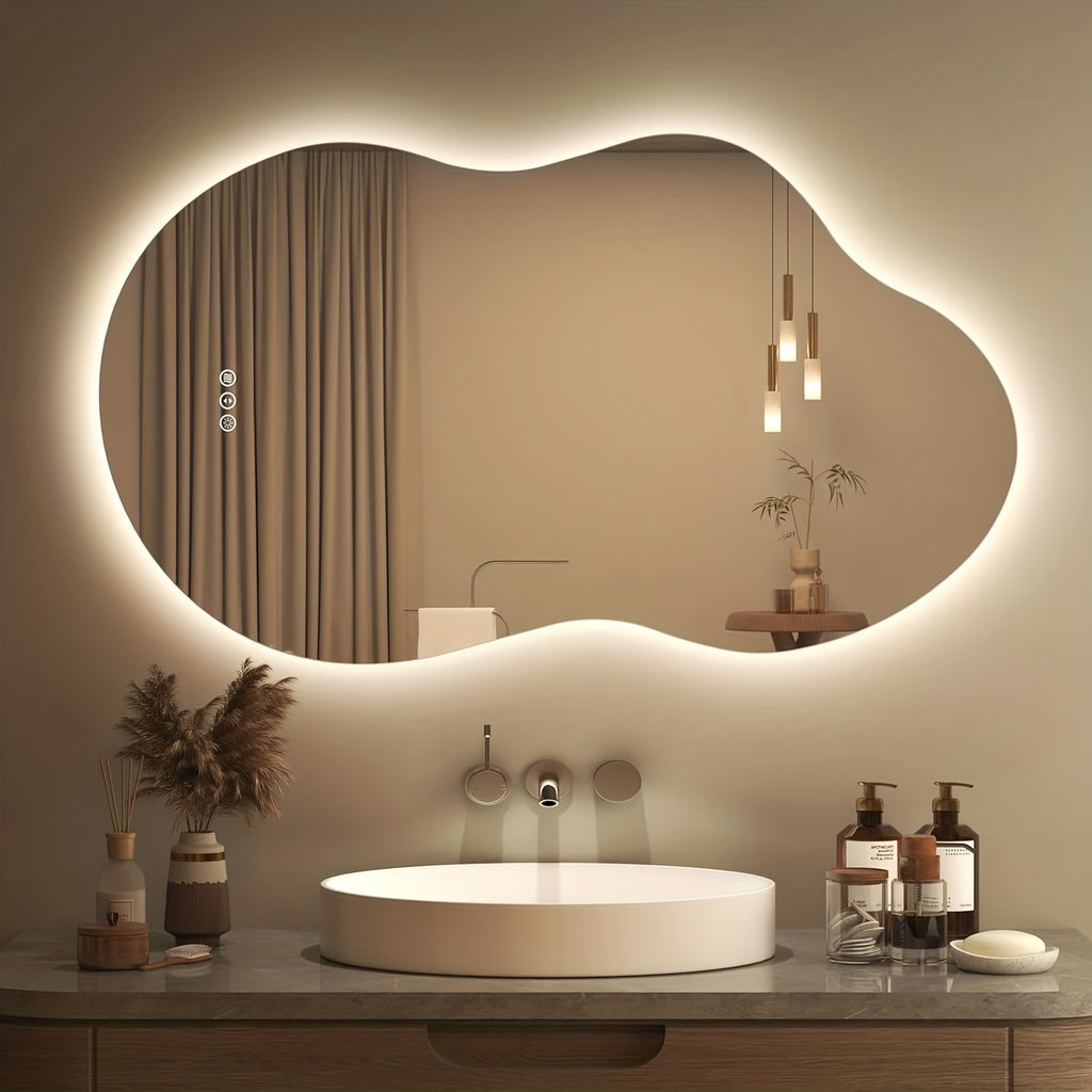 Cloud Shaped Bathroom Mirror | Smart Vanity Mirror with LED Lights, Fog-Free Dimmable Backlit, Memory Function for Horizontal\u002FVertical Mount, Intelligent Bathroom Lighting System