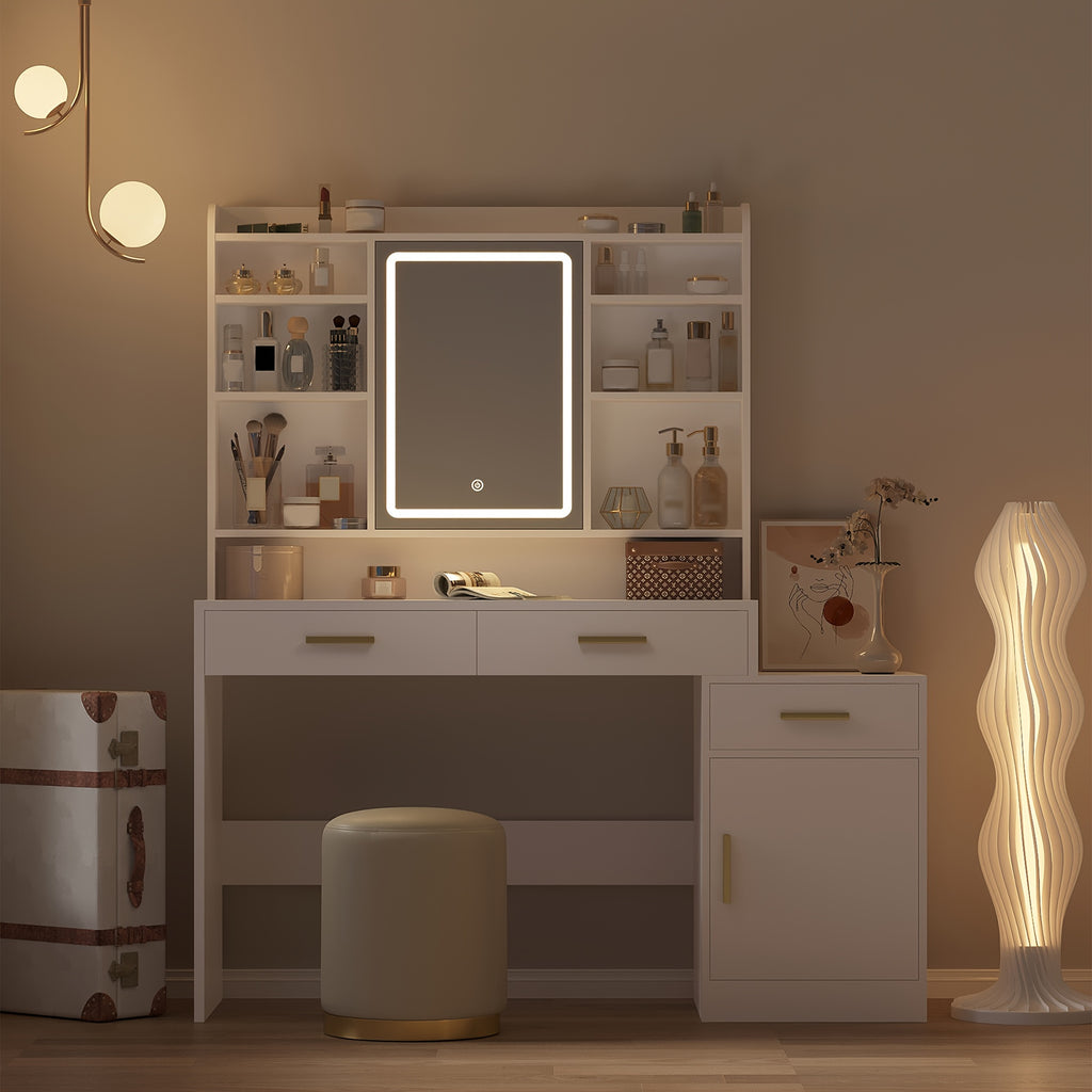 Large Vanity Desk with Light Mirror, Makeup Vanity Dressing Table with 3 Drawers, 6 Adjustable Shelves, Storage Cabinet, Bedroom Vanity Table for Women, Holiday Gift Guide