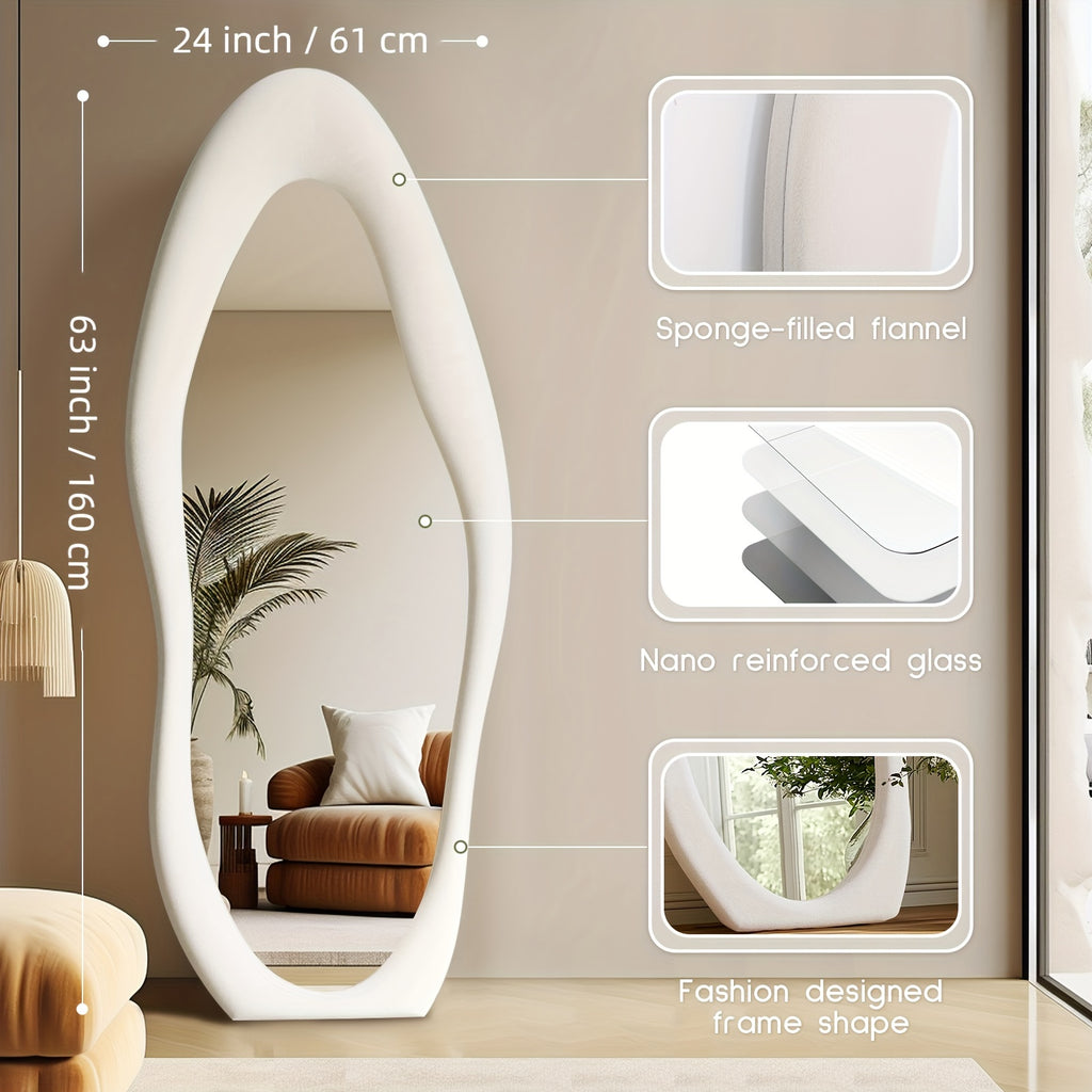 Non-Standard Full-Length Mirror Featuring an Ivory Flannel Frame, Suitable for Leaning Or Hanging in Bedrooms, Cloakrooms, And Living Rooms