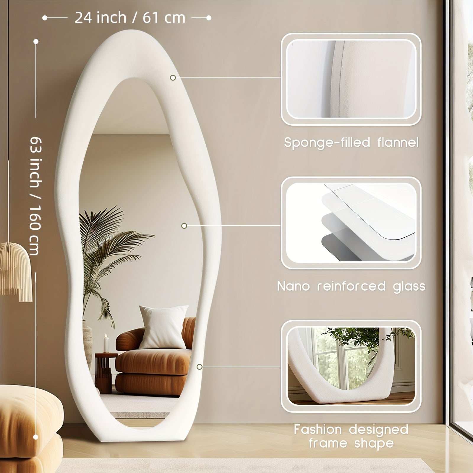 Non-Standard Full-Length Mirror Featuring an Ivory Flannel Frame, Suitable for Leaning Or Hanging in Bedrooms, Cloakrooms, And Living Rooms