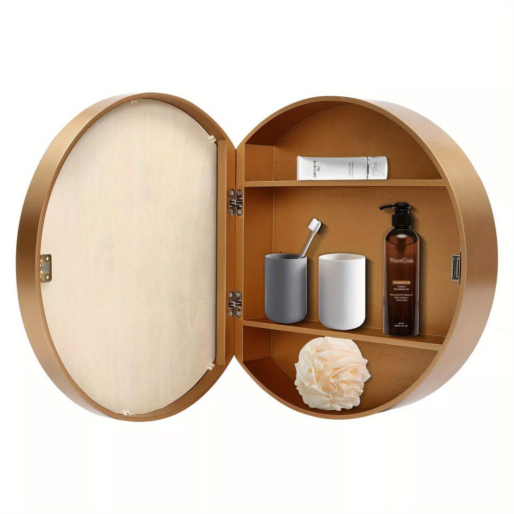 CNCEST Round Golden Bathroom Mirror Cabinet Wall-mounted Organizer Makeup Mirror Cabinet