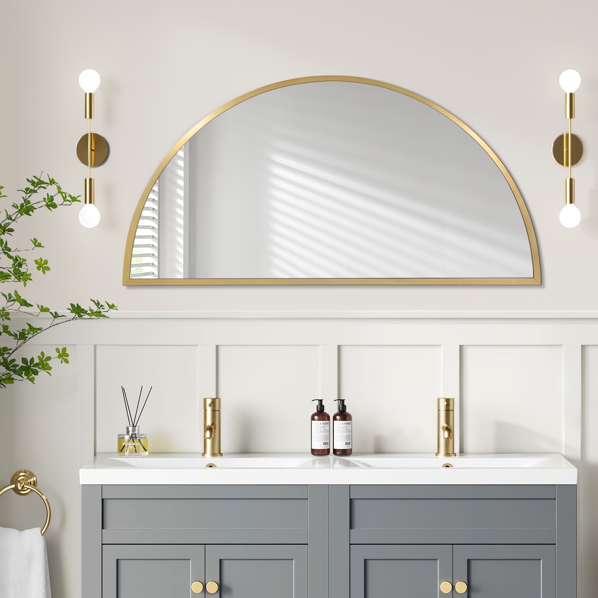 Wall Mirror-Bathroom Mirror Metal Frame Half Circle Mirror DIY For Bathroom, Bedroom, Living Room, Cloakroom, Entryway