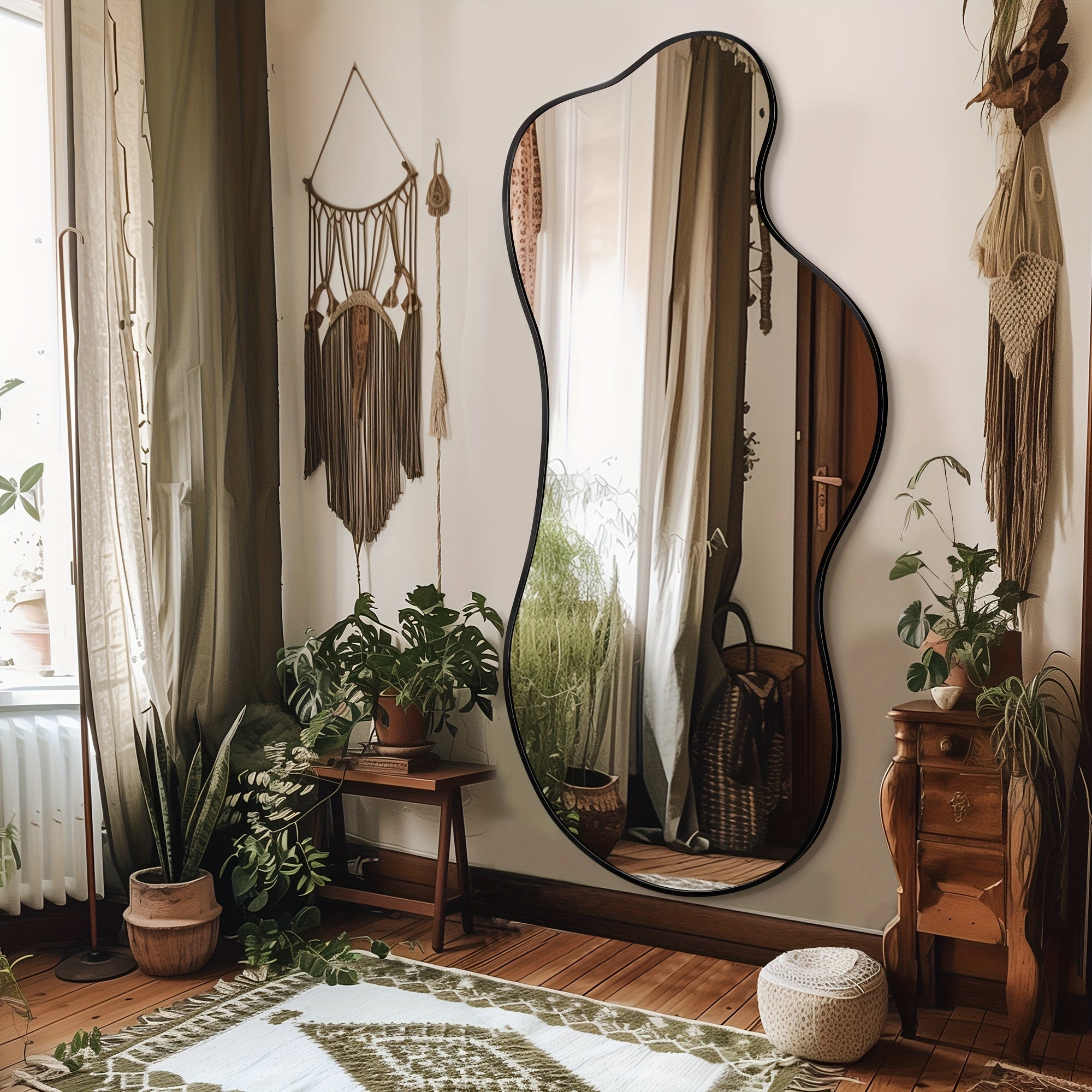 LADYNOW Modern Asymmetrical Wall Mirror - Black Decorative Irregular Shape, Vertical Orientation for Living Room, Bedroom, Bathroom & Entryway Decor, No Electricity Needed, Unique Natural Design, Mirror Wall Deco