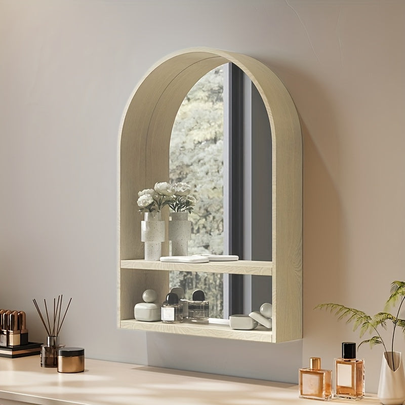 Wall-Mounted Vanity Mirror Solid Beech Wood Wall-Mounted Makeup Vanity Mirror with Integrated Storage Shelves - Coastal-Themed Arched Design, Polished Finish for Bedroom, Entryway, Bathroom Decor, Natural Grain Finish