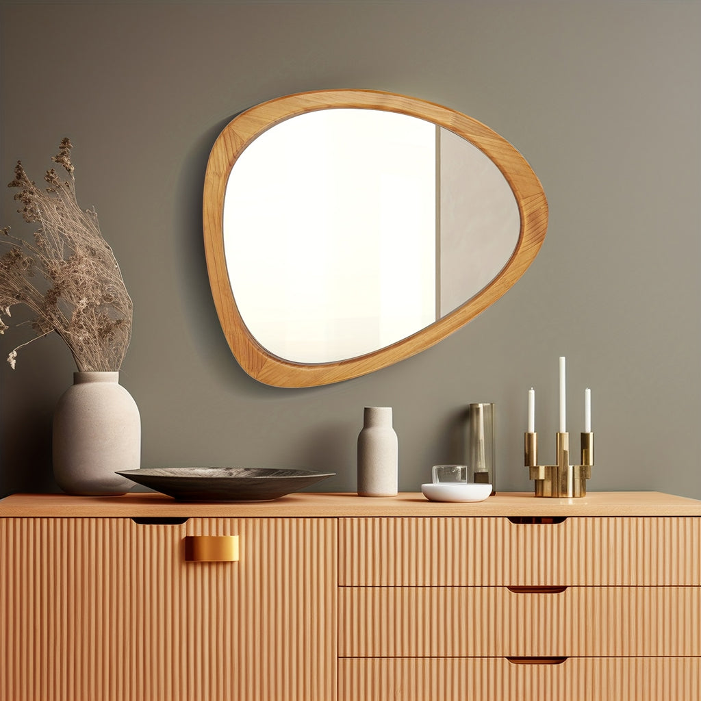 1pc 19*23in Fashionable Pebble Asymmetric Wood Mirror For Home Decor, Bathroom And Living Room, Wall-Mounted Vanity Mirror, Natural, Walnut And Black