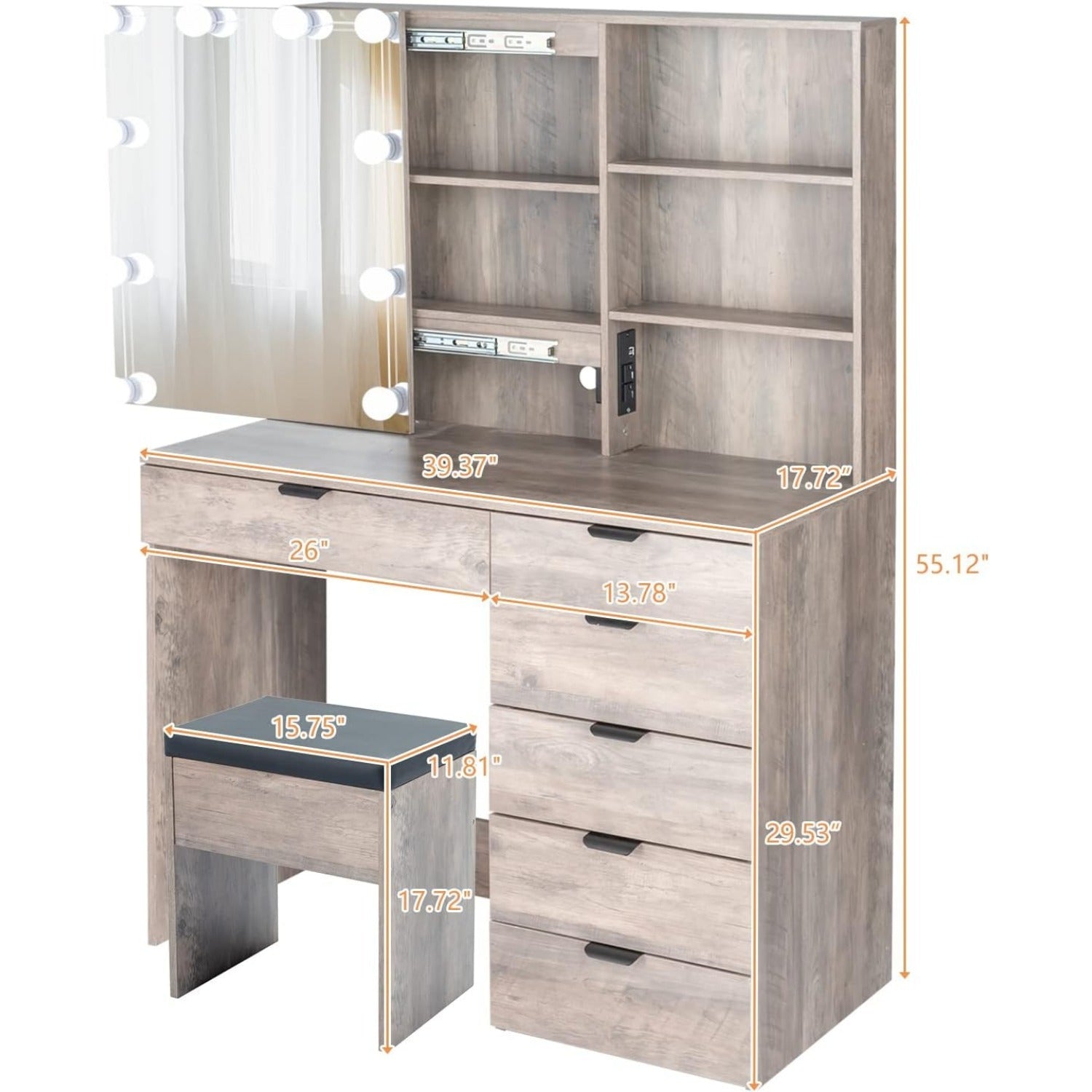 Makeup Vanity Desk With sliding Mirror and 3 color Lights, Dressing Table With Drawers and Shelves, Multifunctional Makeup Vanity table Set with stool For Women Girls Bedroom, Perfect for Home Gifts