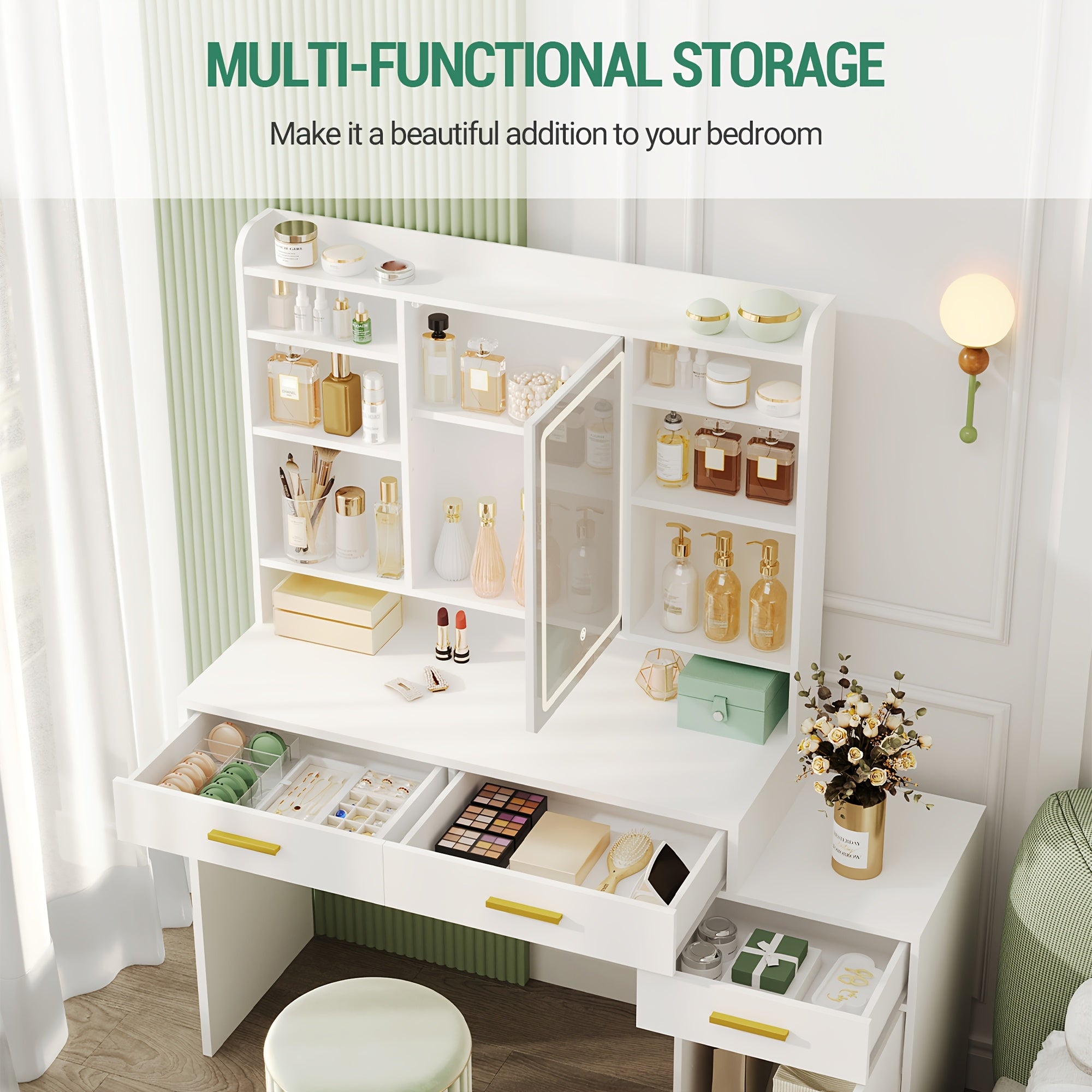 Large Vanity Desk with Light Mirror, Makeup Vanity Dressing Table with 3 Drawers, 6 Adjustable Shelves, Storage Cabinet, Bedroom Vanity Table for Women, Holiday Gift Guide