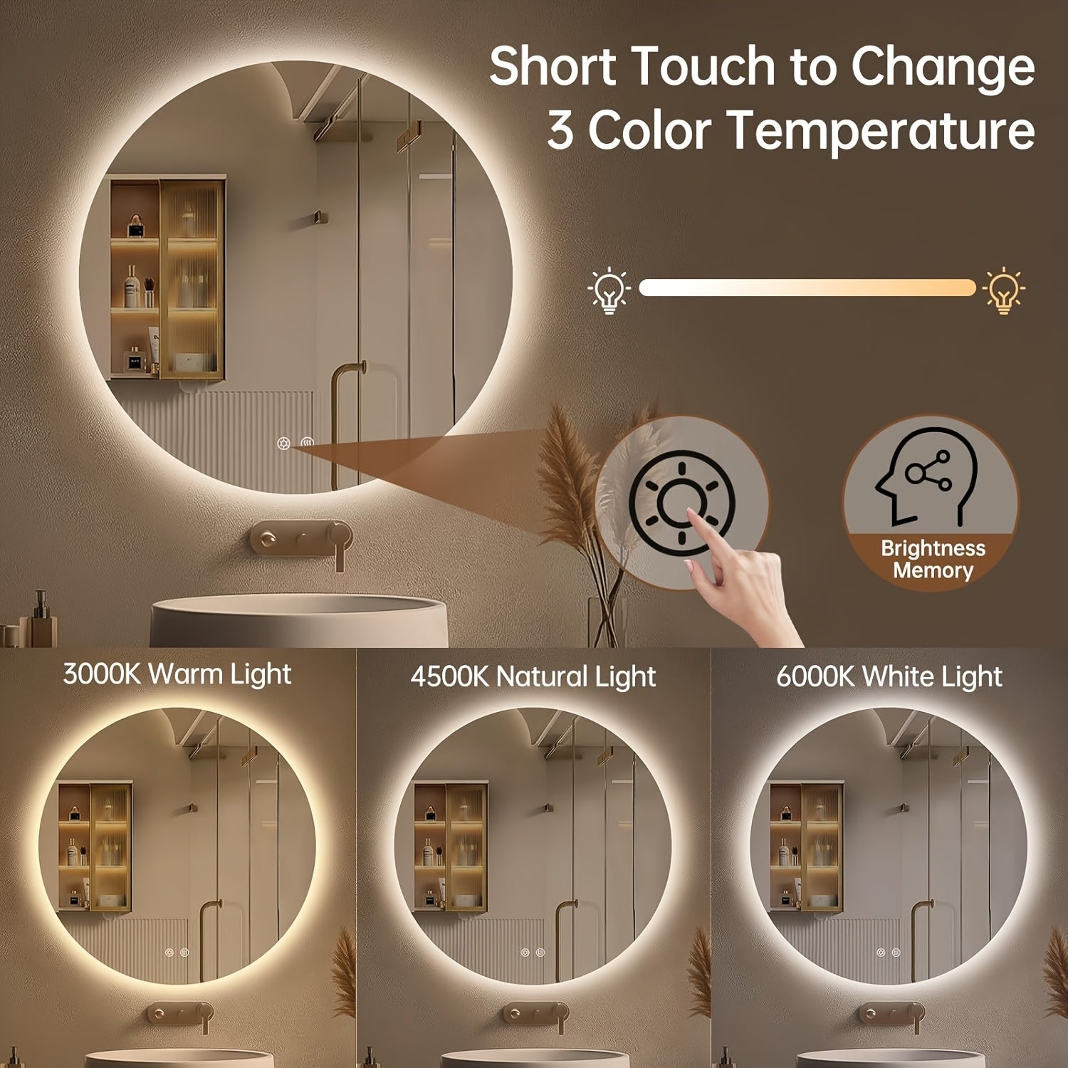 Round Backlit Bathroom Mirror With Lights, Wall-Mounted Vanity Mirrors, Circle LED Mirror For Bathroom, Anit-Fog, Stepless Dimmable, 3 Color Changing, Memory, Shatter-Proof