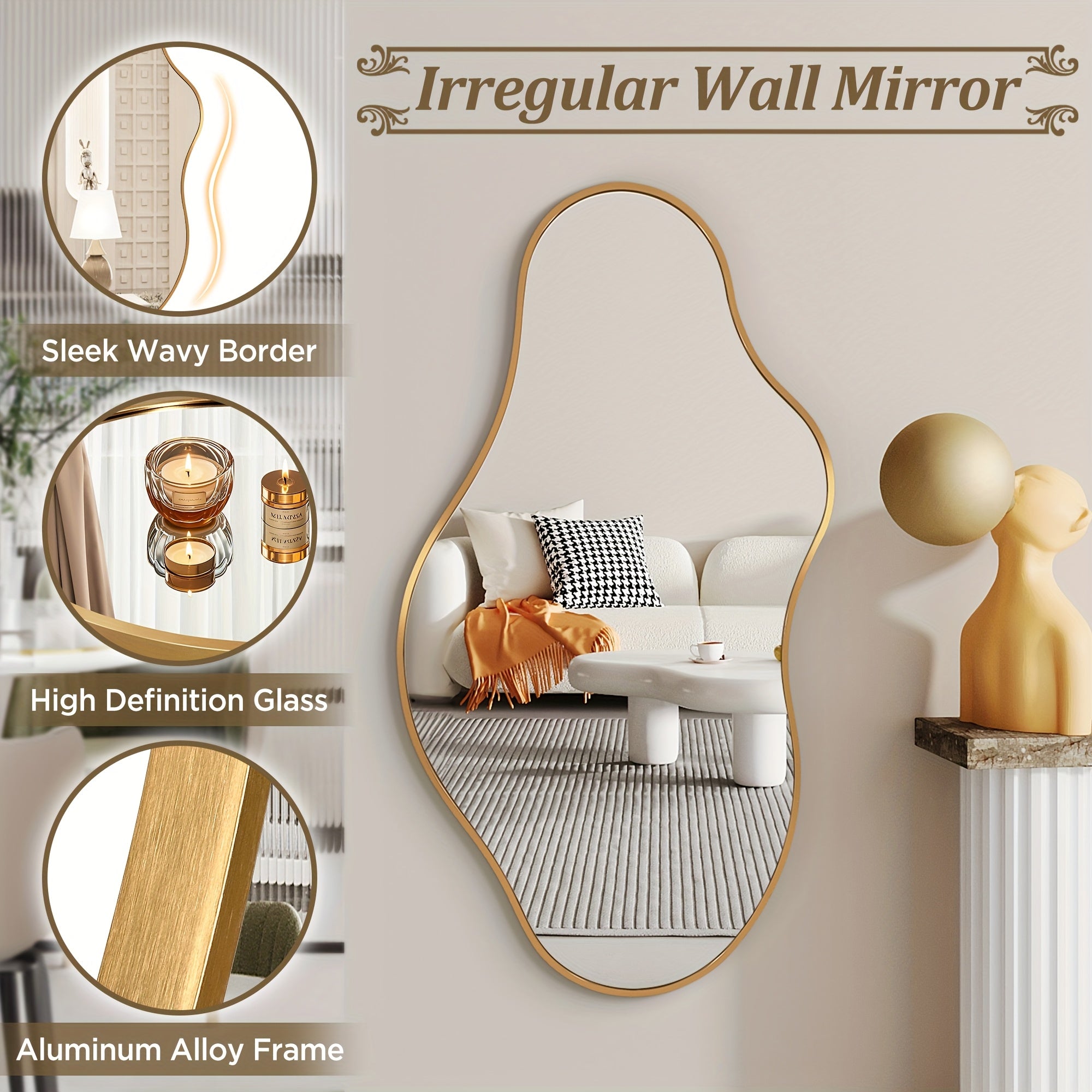 Asymmetrical Decorative Wall Mirror with an Aluminum Frame, Perfect for Use in Bathrooms, Bedrooms, Living Rooms, Cloakrooms, And Entryways