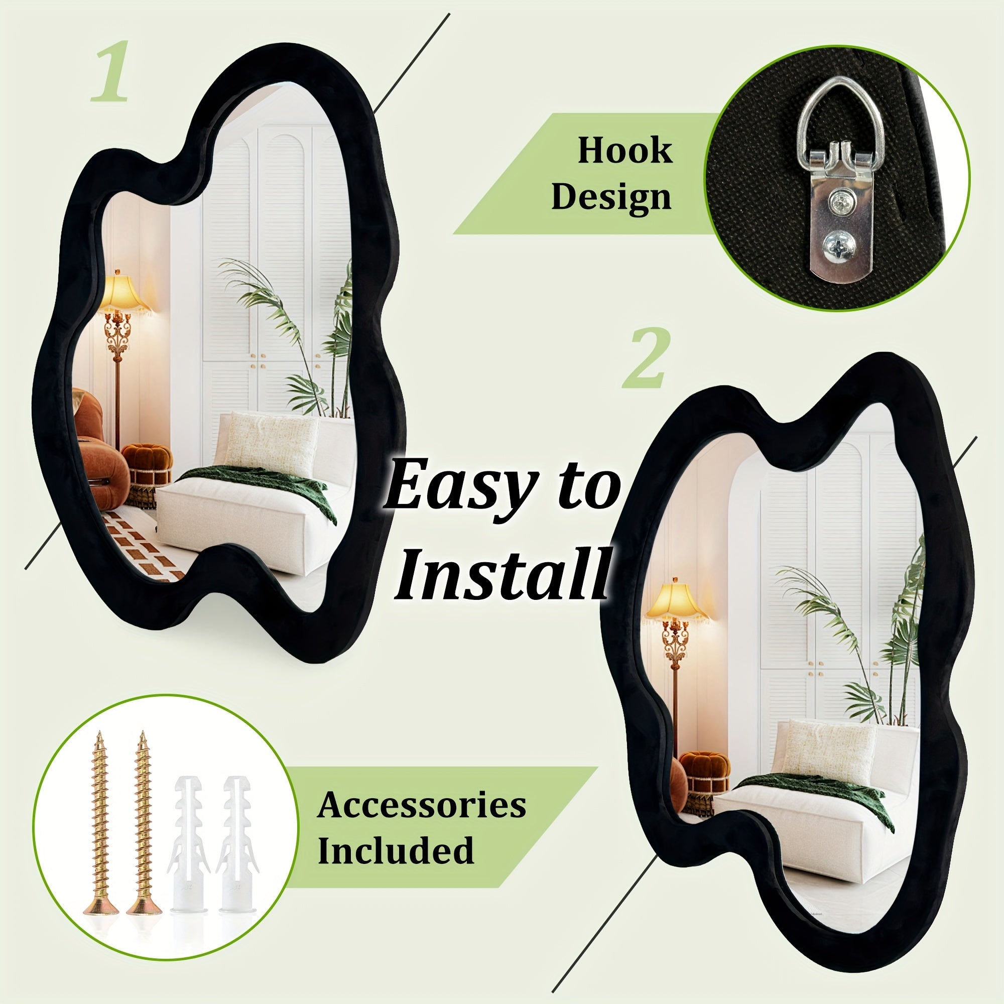 Irregular Mirror, Asymmetrical Wall Mirror, Black Wavy Mirror With Flannel Wrapped Wooden Frame, Modern Decorative Mirror For Living Room, Entryway, Bedroom, Dining Room, Living Room