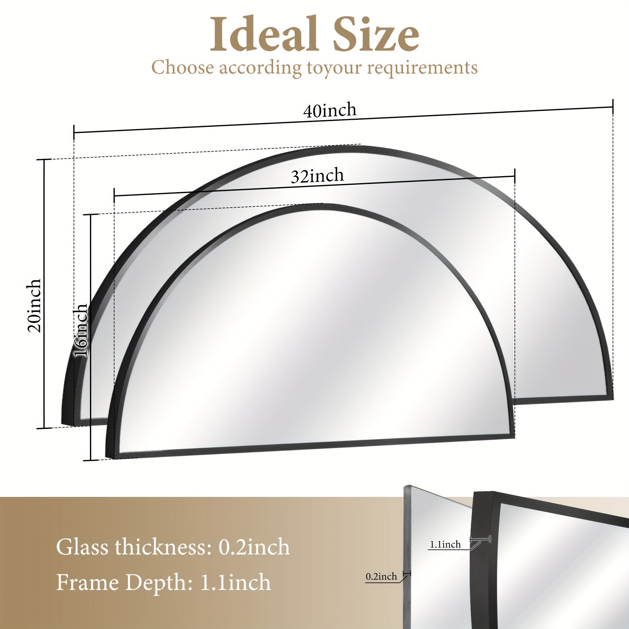 Wall Mirror-Bathroom Mirror Metal Frame Half Circle Mirror DIY For Bathroom, Bedroom, Living Room, Cloakroom, Entryway