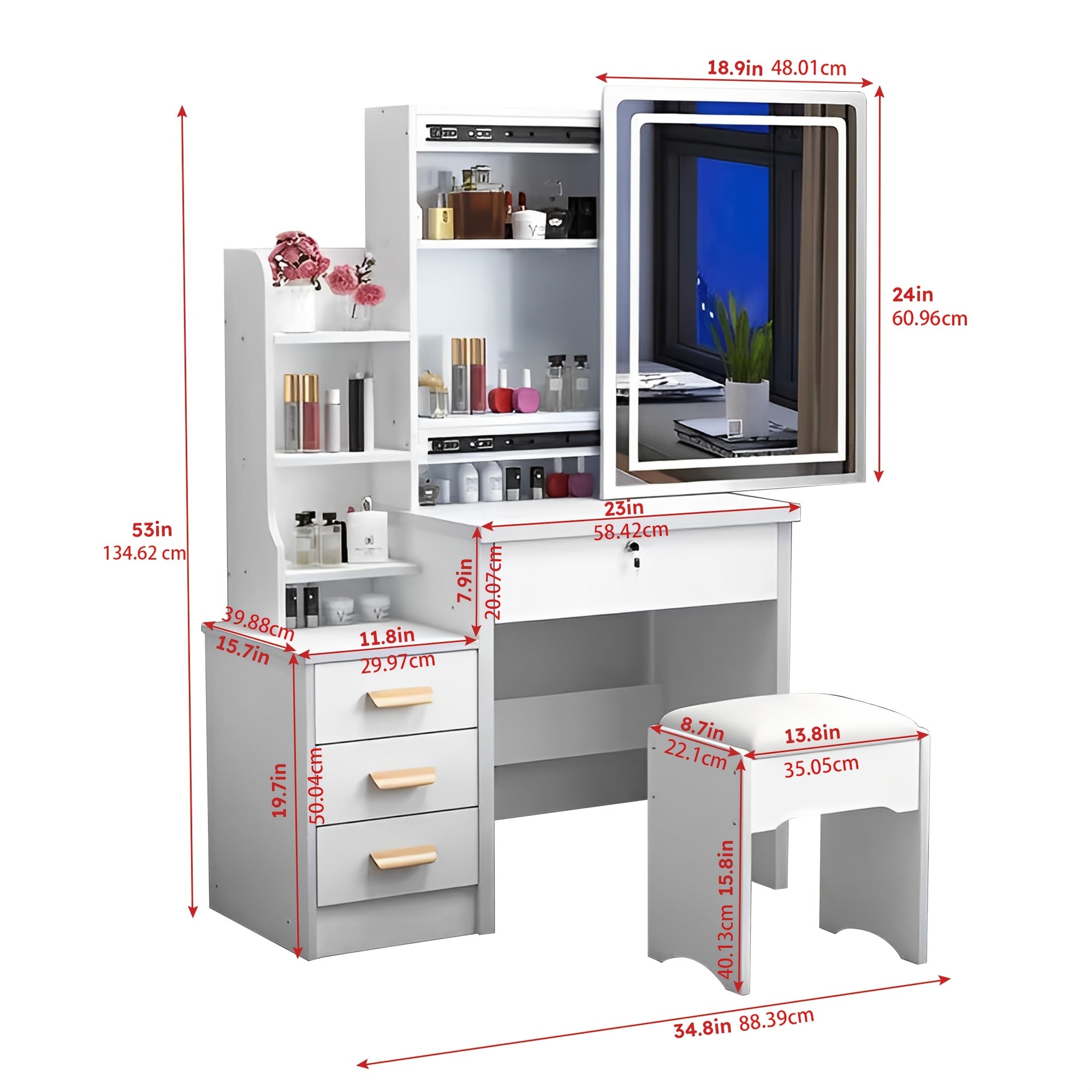 White Dressing Table with Sliding Mirror & Stool 4 Drawers Home High-End Bedroom Dressing Cabinet Integrated Small Apartment