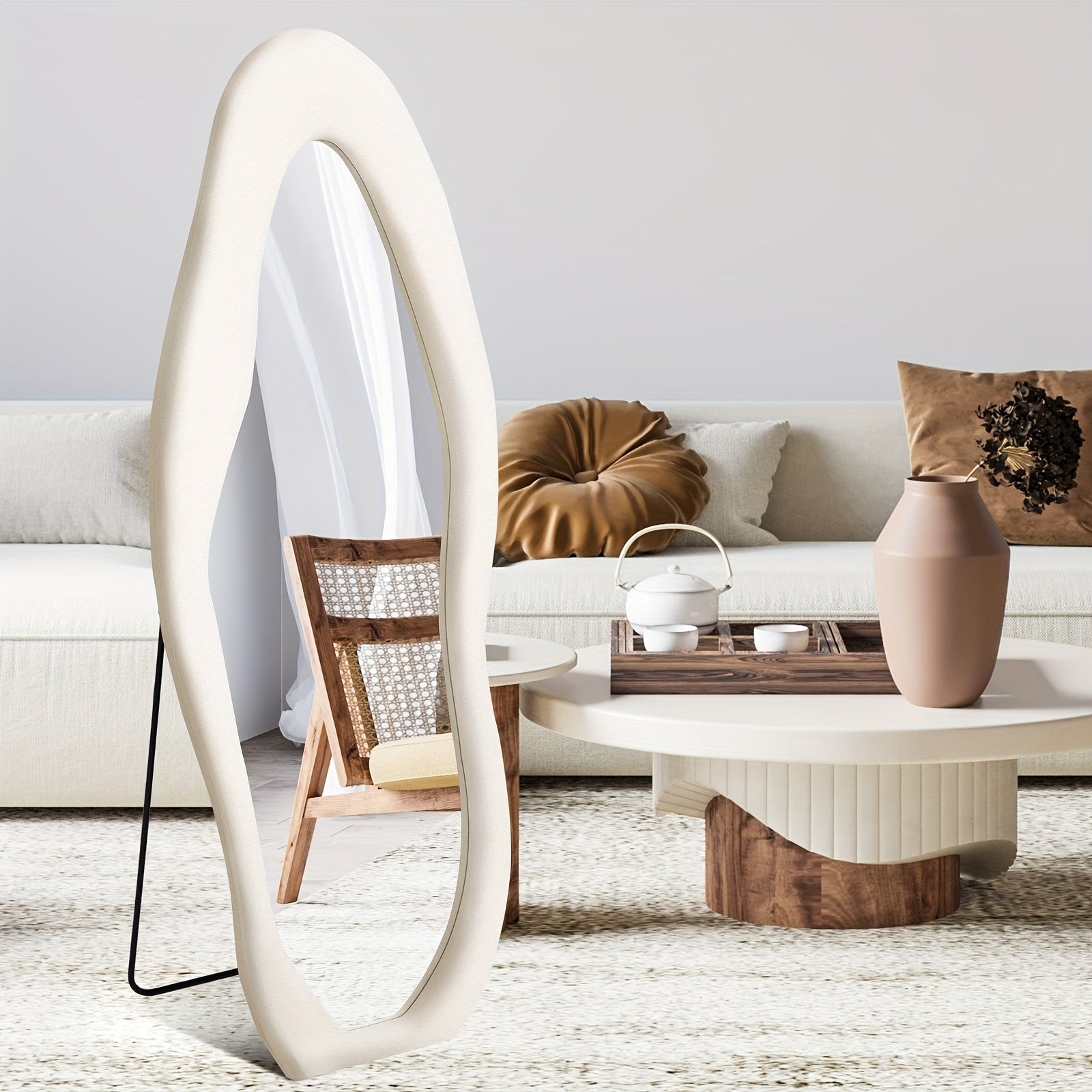 Non-Standard Full-Length Mirror Featuring an Ivory Flannel Frame, Suitable for Leaning Or Hanging in Bedrooms, Cloakrooms, And Living Rooms