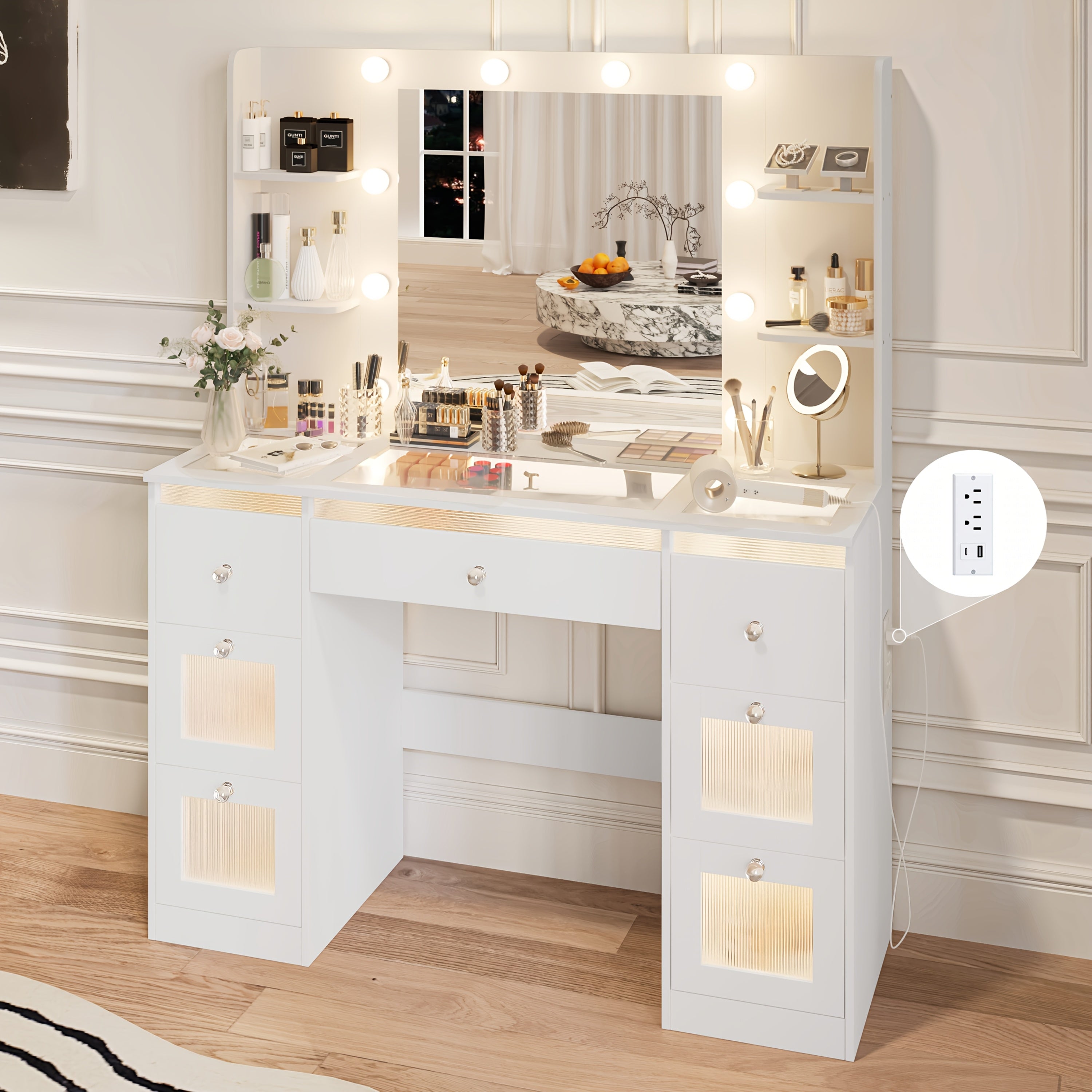 Makeup Vanity with 7 Lighted Drawers & 3-Color LED Mirror, Dressing Table with Glass Top, 4 Shelves for Huge Storage, Light White for Bedroom