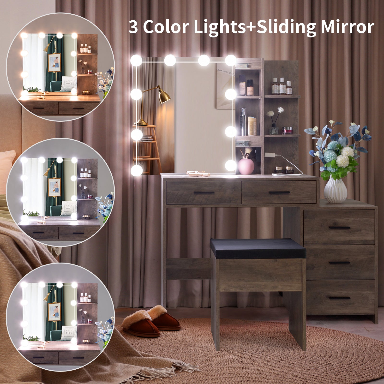 Makeup Vanity Desk With sliding Mirror and 3 color Lights, Dressing Table With Drawers and Shelves, Multifunctional Makeup Vanity table Set with stool For Women Girls Bedroom, Perfect for Home Gifts