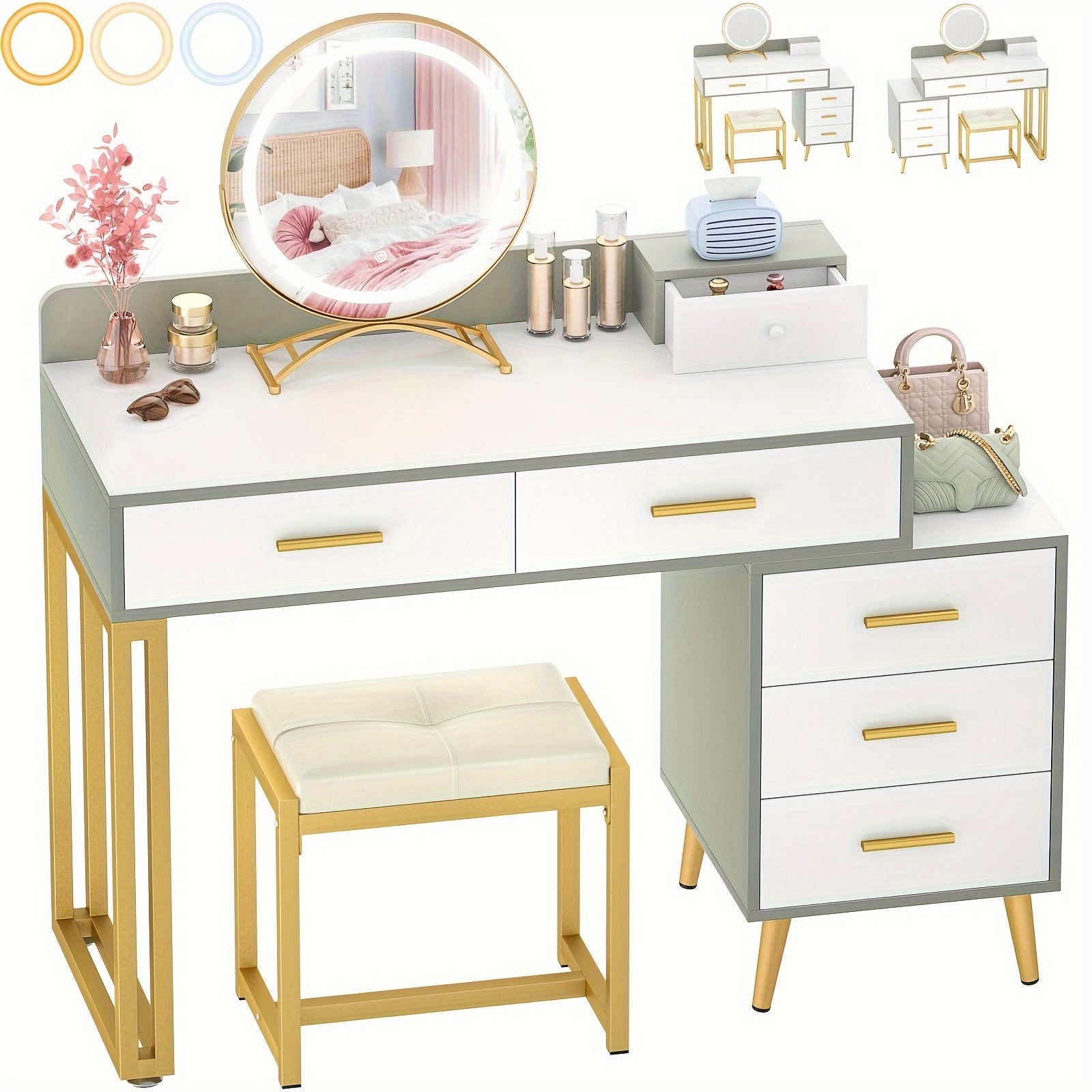 Vanity Desk with Mirror and Lights, Modern Makeup Vanity Table Set with 6 Storage Drawers and Cushioned Stool for Bedroom, Dressing Table with Divided Organizers for Women Girls
