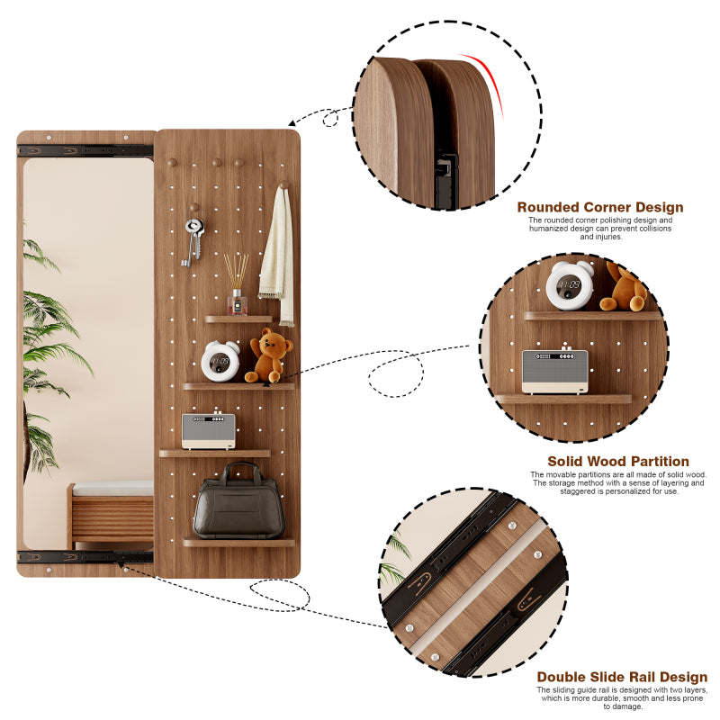 Full-Length Wall Mirror with Storage Shelf & Hooks - Arched Top Design Full Body Mirror with Multifunctional Panel, Space-Saving Vertical\u002FHorizontal Mount, Walnut Finish - Sturdy Glass Construction for Bedroom, Living Room, Entryway - 47.6\