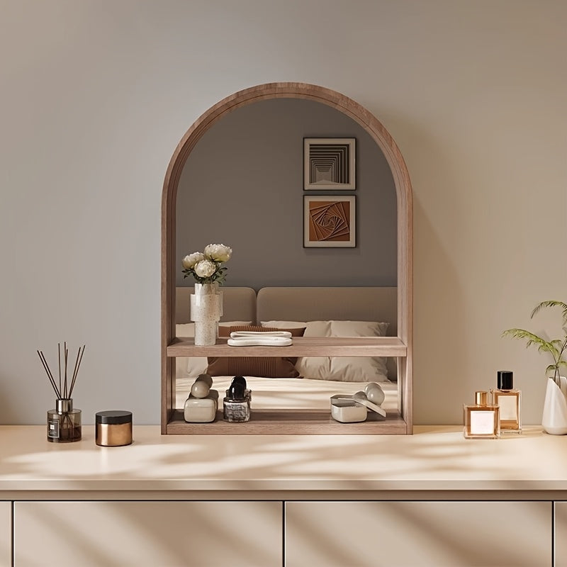 Wall-Mounted Vanity Mirror Solid Beech Wood Wall-Mounted Makeup Vanity Mirror with Integrated Storage Shelves - Coastal-Themed Arched Design, Polished Finish for Bedroom, Entryway, Bathroom Decor, Natural Grain Finish