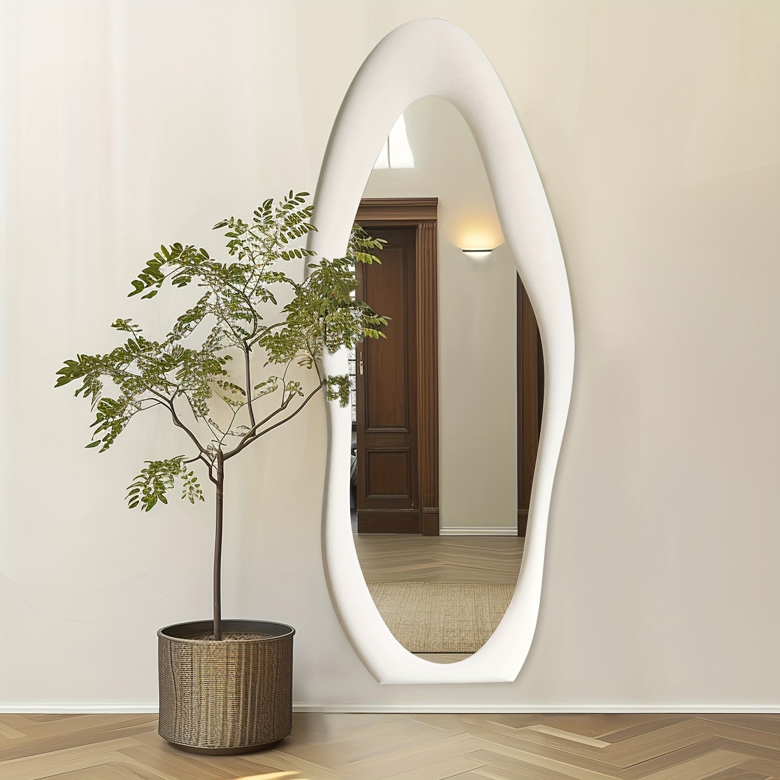 Non-Standard Full-Length Mirror Featuring an Ivory Flannel Frame, Suitable for Leaning Or Hanging in Bedrooms, Cloakrooms, And Living Rooms