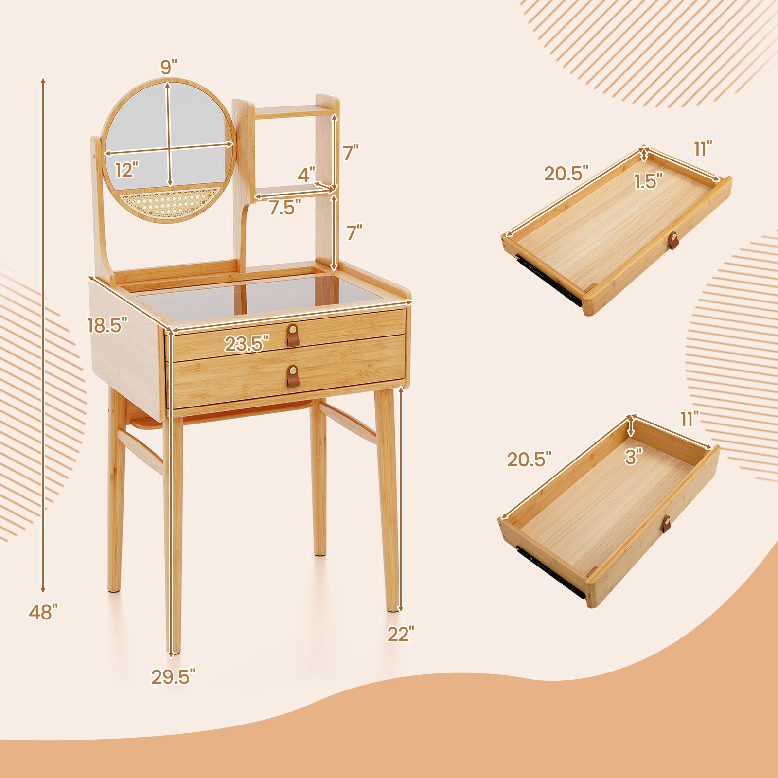 COSTWAY Natural Bamboo Vanity Desk with Mirror - 23.5\