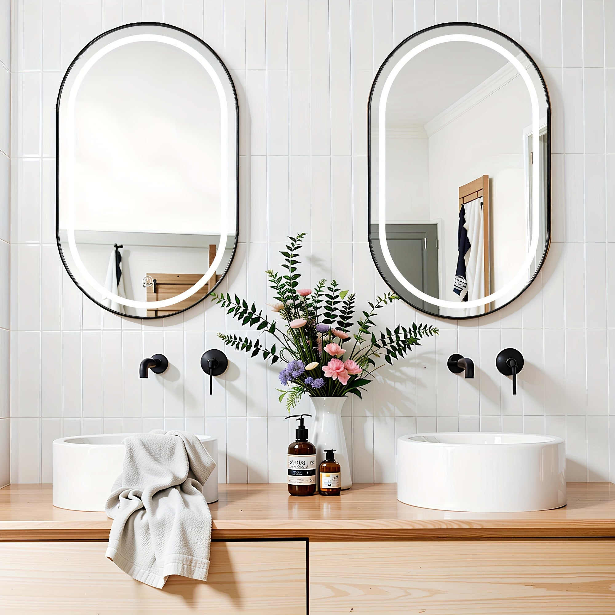 SOGES Modern Wall-Mounted Mirror Medicine Cabinet with Adjustable LED & Shelves - Oval Bathroom Storage Unit, Deep Metal Frame Suitable for Bathroom, Space-Saving Medicine Cabinet for, Doors\u002FHardware Color Options