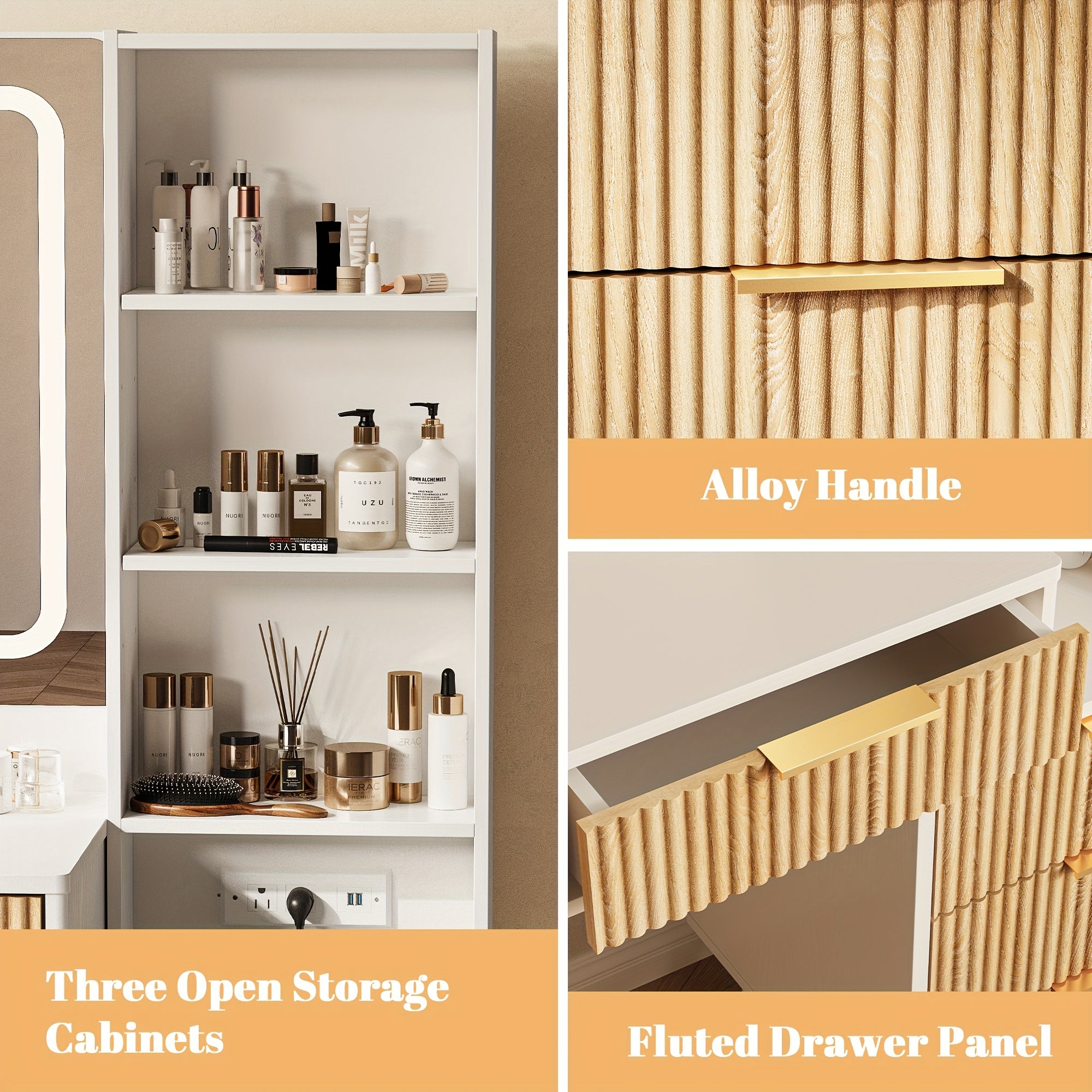 Dressing Table Featuring a Mirror And Lighting, 44-Inch Makeup Station with a Grooved Storage Drawer, Cabinet, Three LED Lighting Options, And a Power Outlet Suitable for a Bedroom