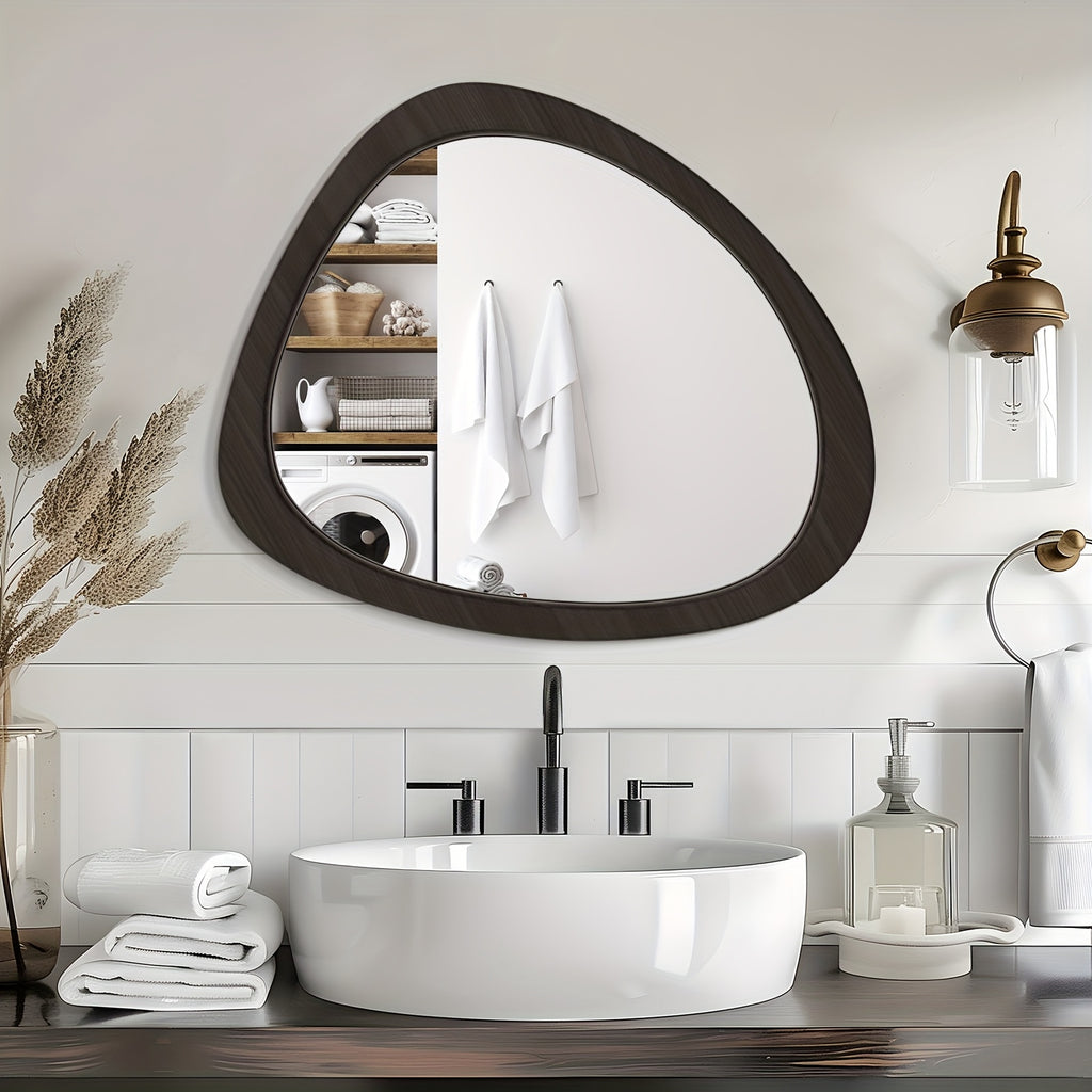 1pc 19*23in Fashionable Pebble Asymmetric Wood Mirror For Home Decor, Bathroom And Living Room, Wall-Mounted Vanity Mirror, Natural, Walnut And Black