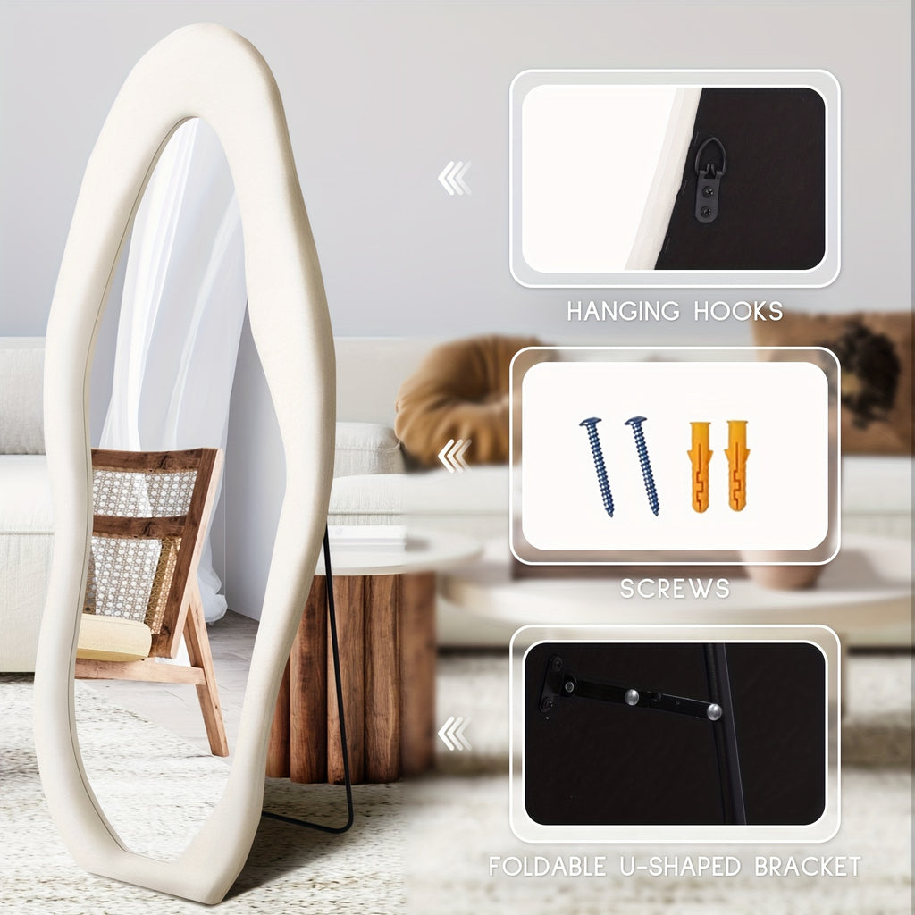 Non-Standard Full-Length Mirror Featuring an Ivory Flannel Frame, Suitable for Leaning Or Hanging in Bedrooms, Cloakrooms, And Living Rooms