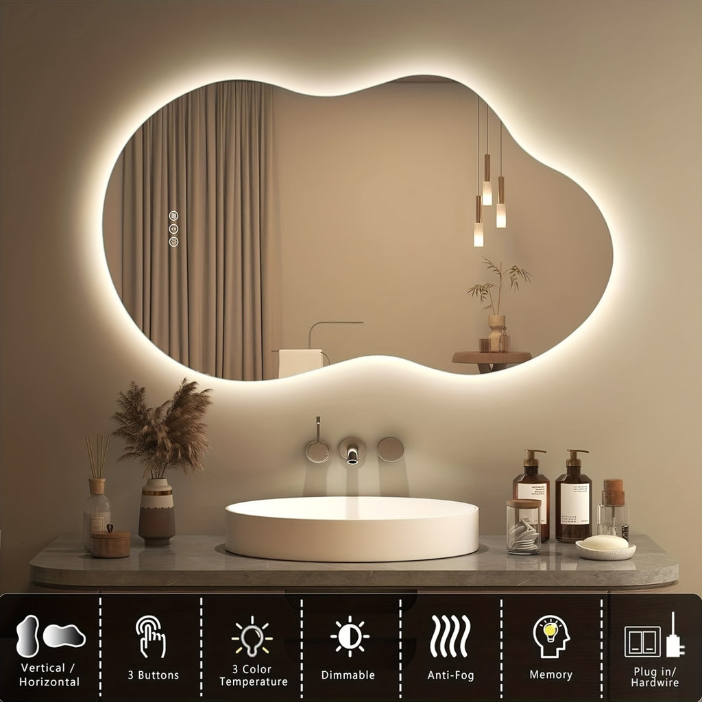 Cloud Shaped Bathroom Mirror | Smart Vanity Mirror with LED Lights, Fog-Free Dimmable Backlit, Memory Function for Horizontal\u002FVertical Mount, Intelligent Bathroom Lighting System