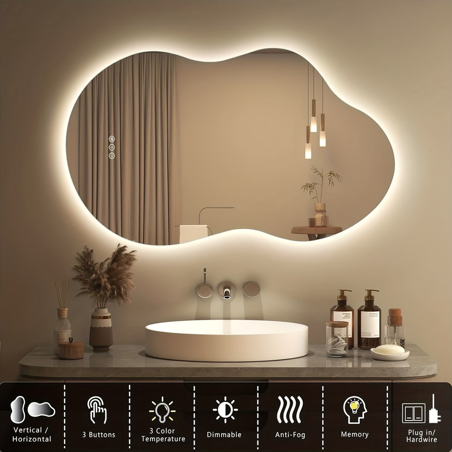 Cloud Shaped Bathroom Mirror | Smart Vanity Mirror with LED Lights, Fog-Free Dimmable Backlit, Memory Function for Horizontal\u002FVertical Mount, Intelligent Bathroom Lighting System