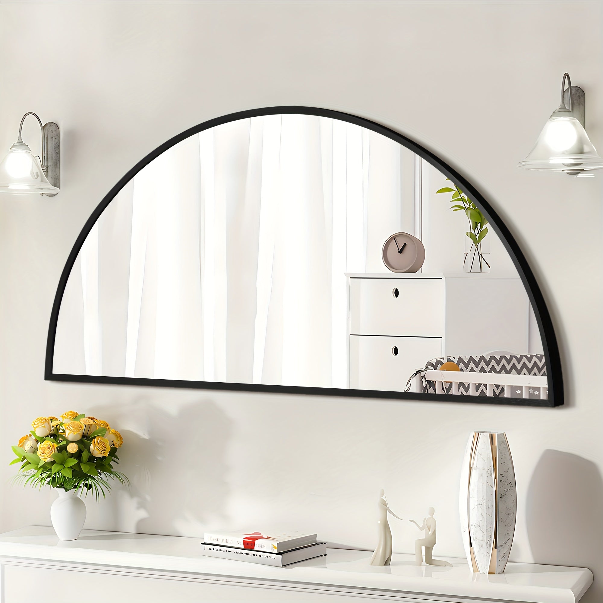 Wall Mirror-Bathroom Mirror Metal Frame Half Circle Mirror DIY For Bathroom, Bedroom, Living Room, Cloakroom, Entryway