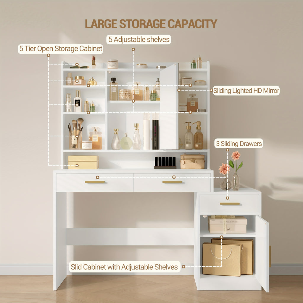 Large Vanity Desk with Light Mirror, Makeup Vanity Dressing Table with 3 Drawers, 6 Adjustable Shelves, Storage Cabinet, Bedroom Vanity Table for Women, Holiday Gift Guide