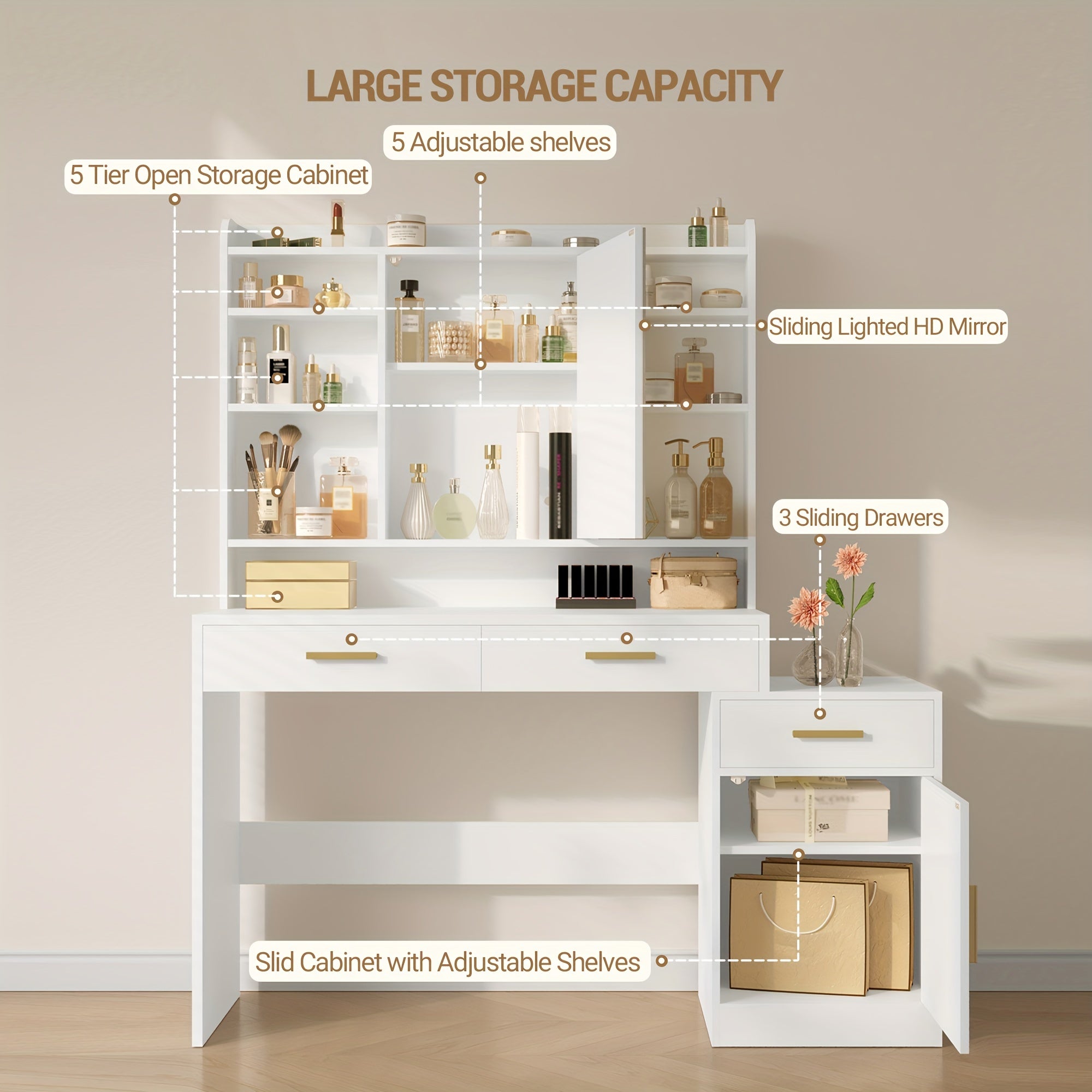 Large Vanity Desk with Light Mirror, Makeup Vanity Dressing Table with 3 Drawers, 6 Adjustable Shelves, Storage Cabinet, Bedroom Vanity Table for Women, Holiday Gift Guide