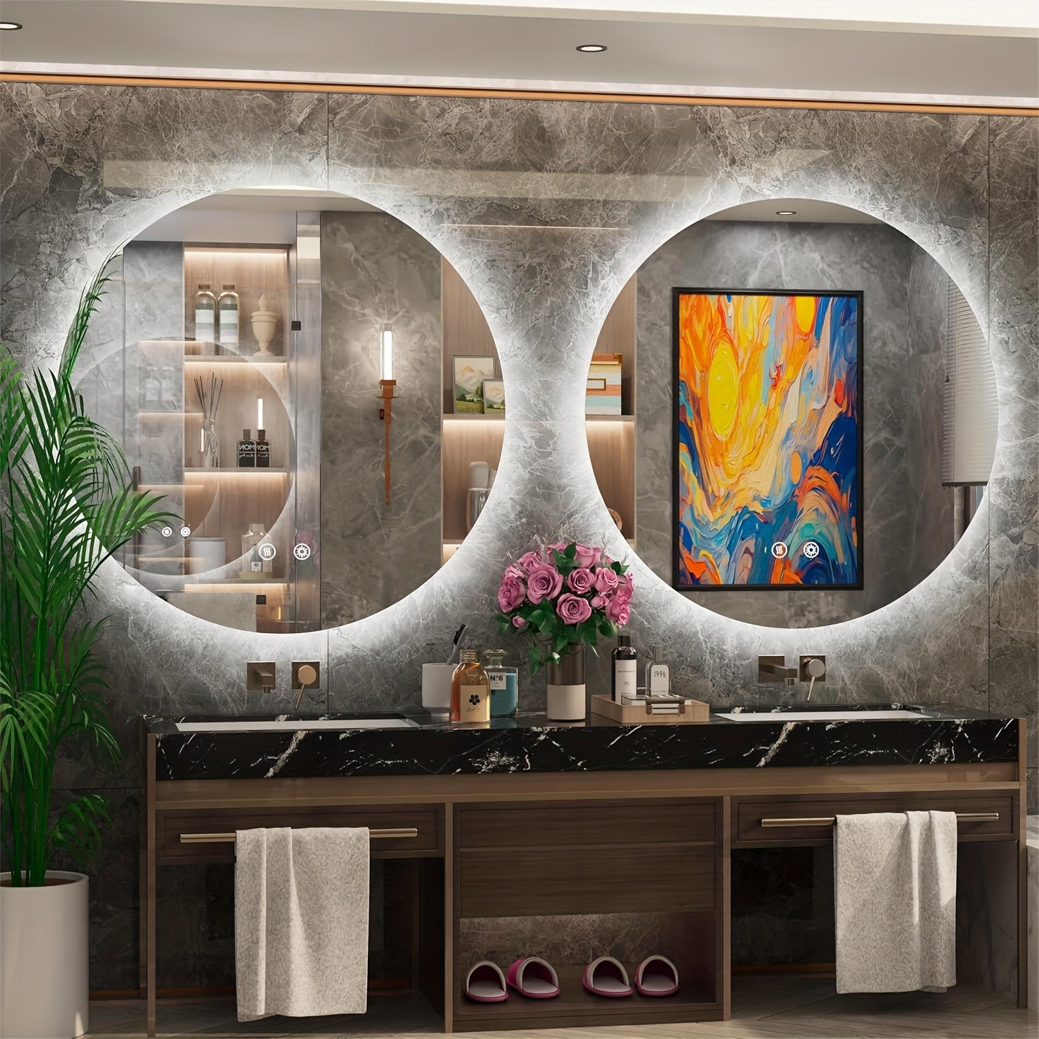 Round Backlit Bathroom Mirror With Lights, Wall-Mounted Vanity Mirrors, Circle LED Mirror For Bathroom, Anit-Fog, Stepless Dimmable, 3 Color Changing, Memory, Shatter-Proof