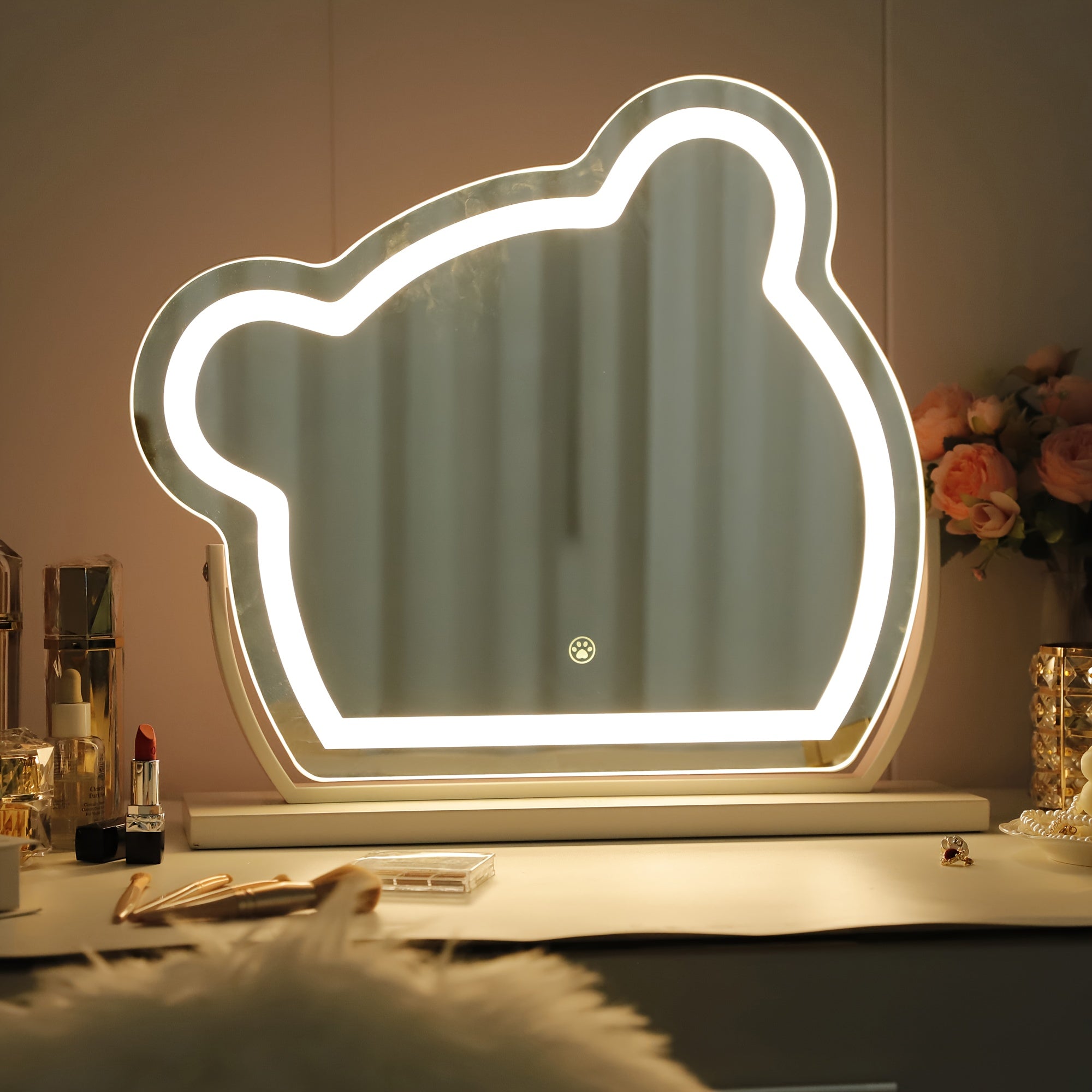 Bear LED Makeup Mirror with Light & Touch Sensor, Touch-Activated & Dimmable Color Adjustable Mirror, Cute Bear Vanity Mirror Suitable for, Salon, Dressing Table - Low Voltage Operation