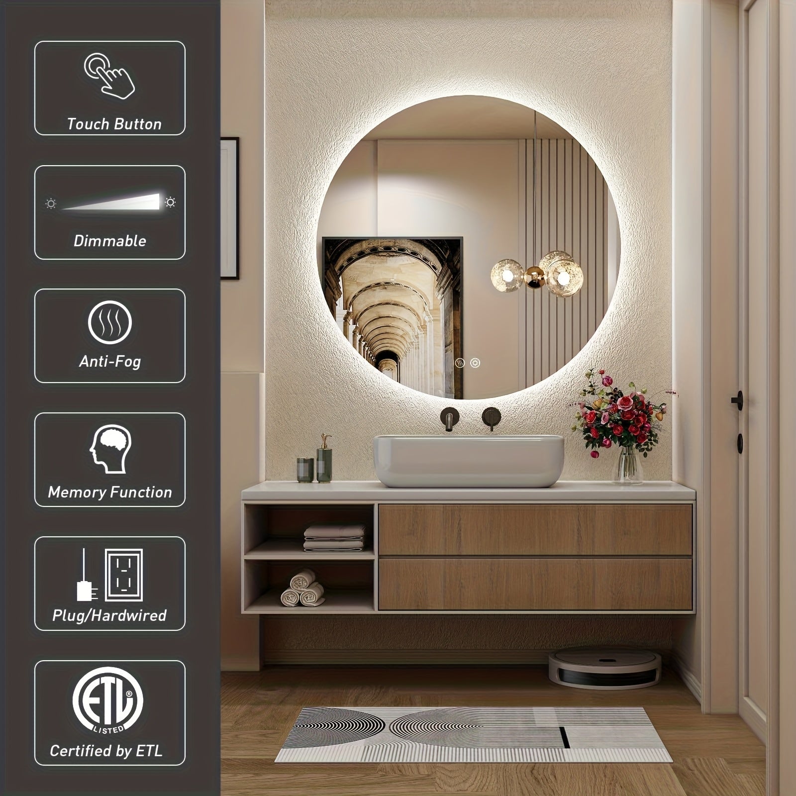 36 Inch LED Backlit Round Mirror for Vanity, Dimmable Lighted Bathroom 6000K Wall Mounted Mirror with Lights, Anti-Fog, Touch Switch And CRI 90+, Makeup Mirror, Grooming Mirror, Sleek Design, Decorative Mirror, Antifog Mirror, Color Temperature