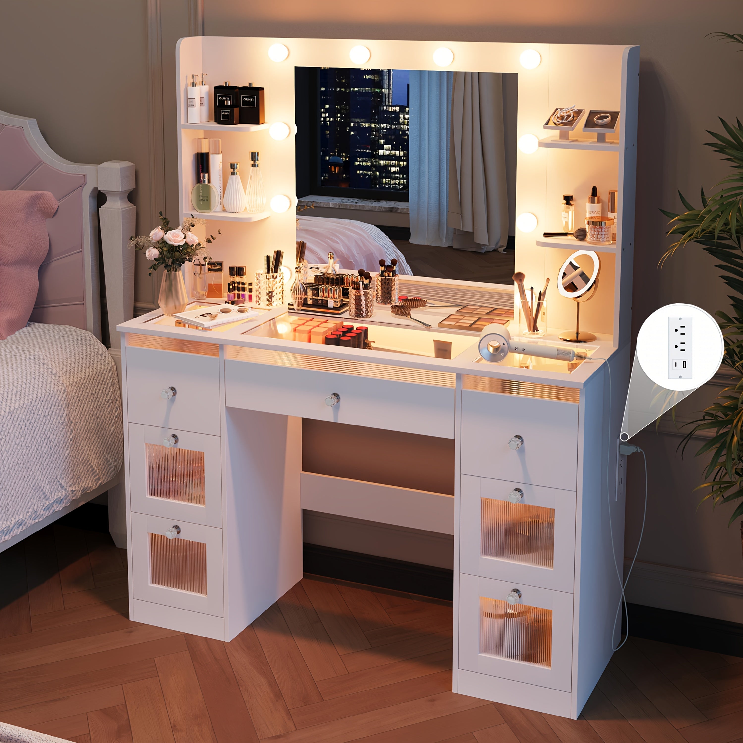 Makeup Vanity with 7 Lighted Drawers & 3-Color LED Mirror, Dressing Table with Glass Top, 4 Shelves for Huge Storage, Light White for Bedroom