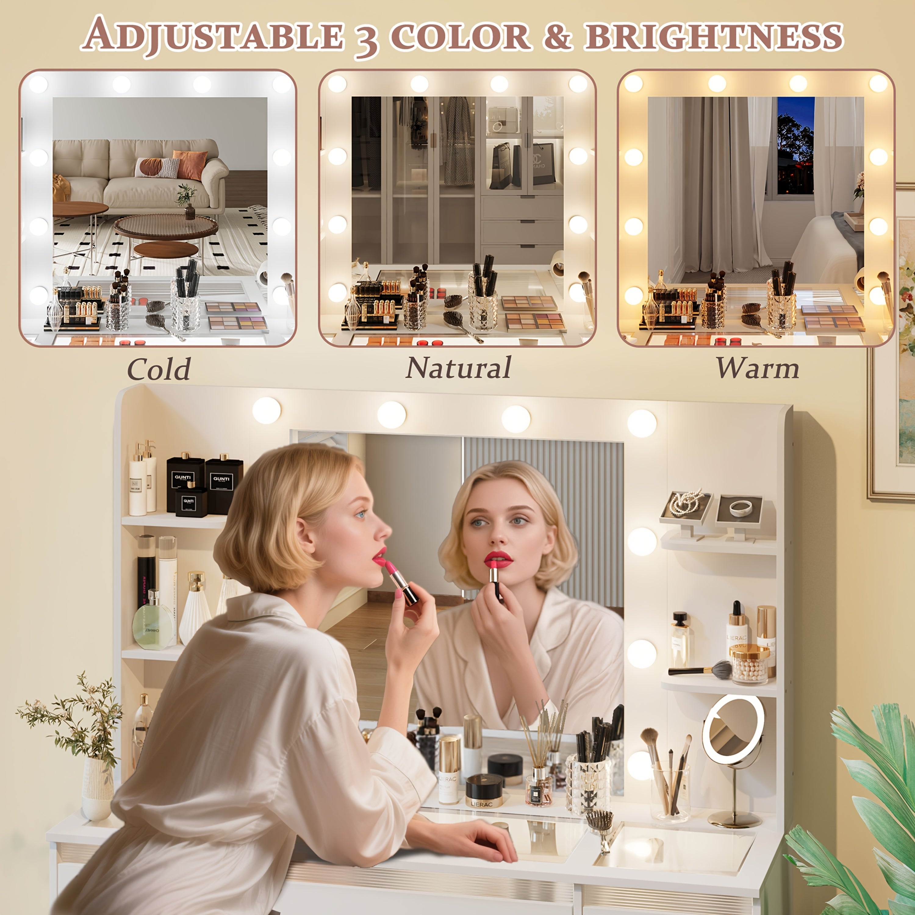 Makeup Vanity with 7 Lighted Drawers & 3-Color LED Mirror, Dressing Table with Glass Top, 4 Shelves for Huge Storage, Light White for Bedroom