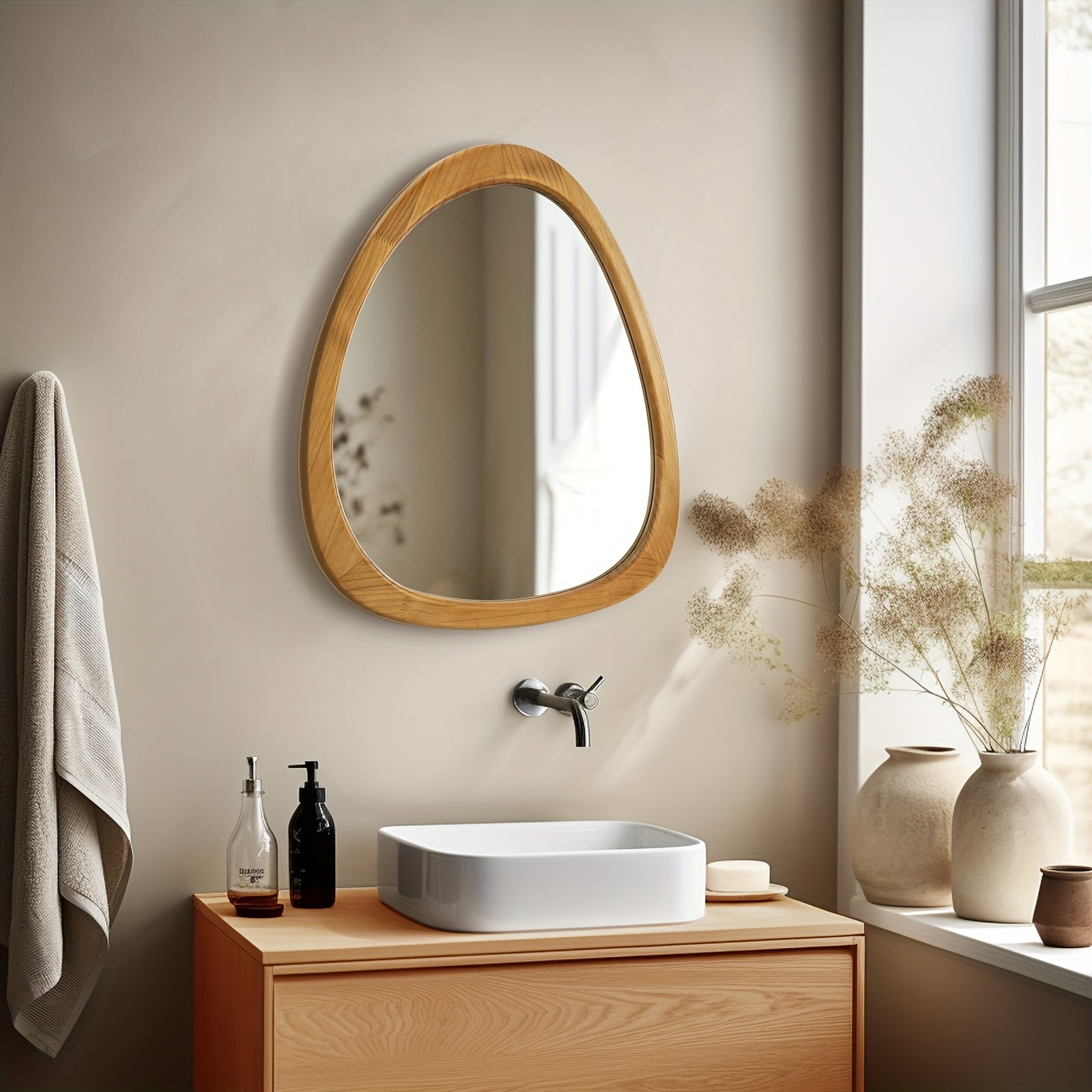 1pc 19*23in Fashionable Pebble Asymmetric Wood Mirror For Home Decor, Bathroom And Living Room, Wall-Mounted Vanity Mirror, Natural, Walnut And Black