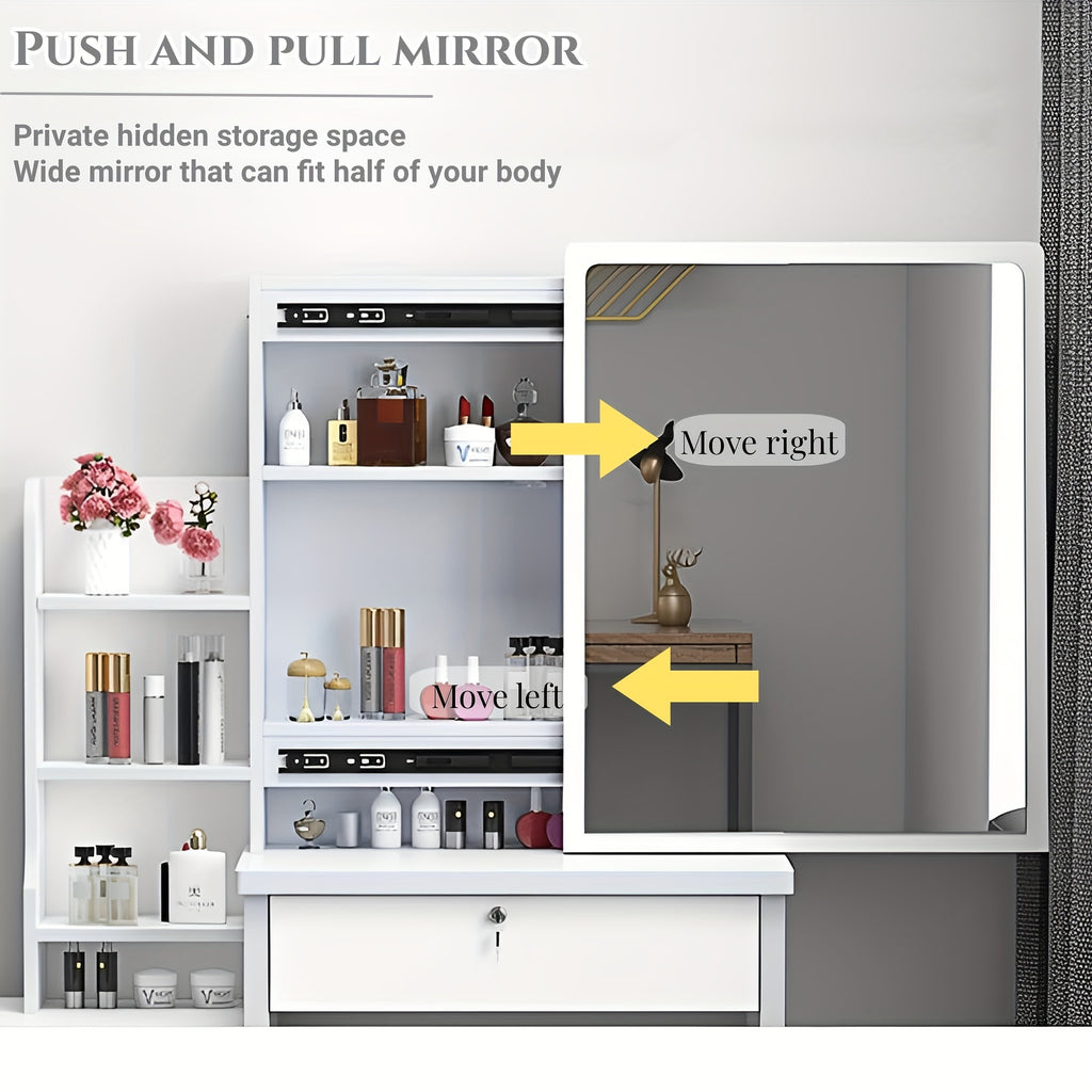 White Dressing Table with Sliding Mirror & Stool 4 Drawers Home High-End Bedroom Dressing Cabinet Integrated Small Apartment