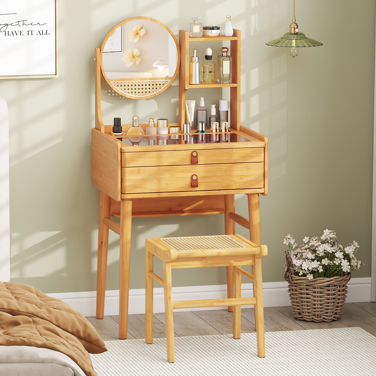 COSTWAY Natural Bamboo Vanity Desk with Mirror - 23.5\