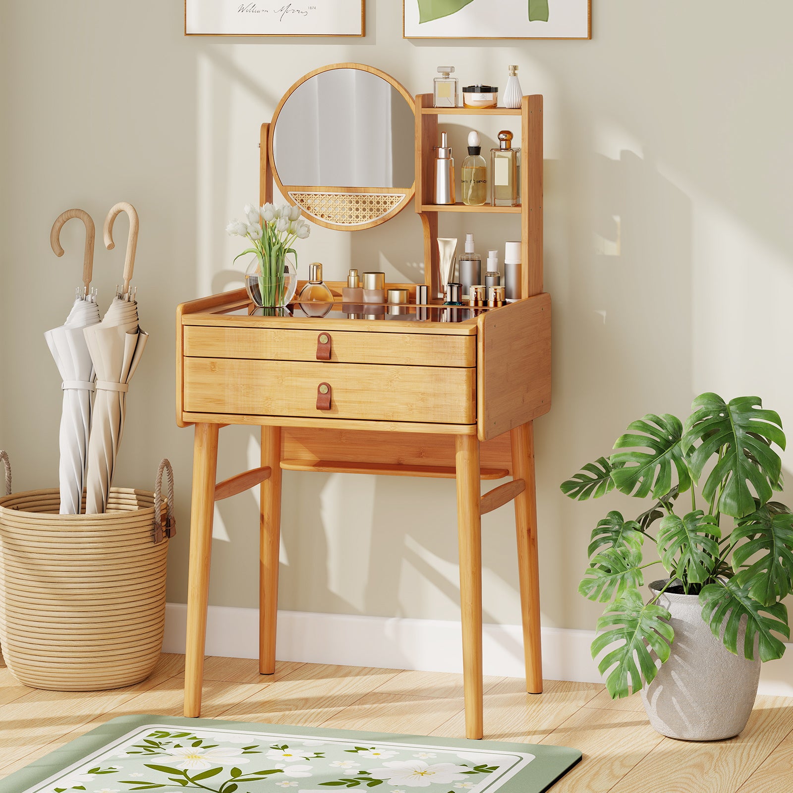 COSTWAY Natural Bamboo Vanity Desk with Mirror - 23.5\